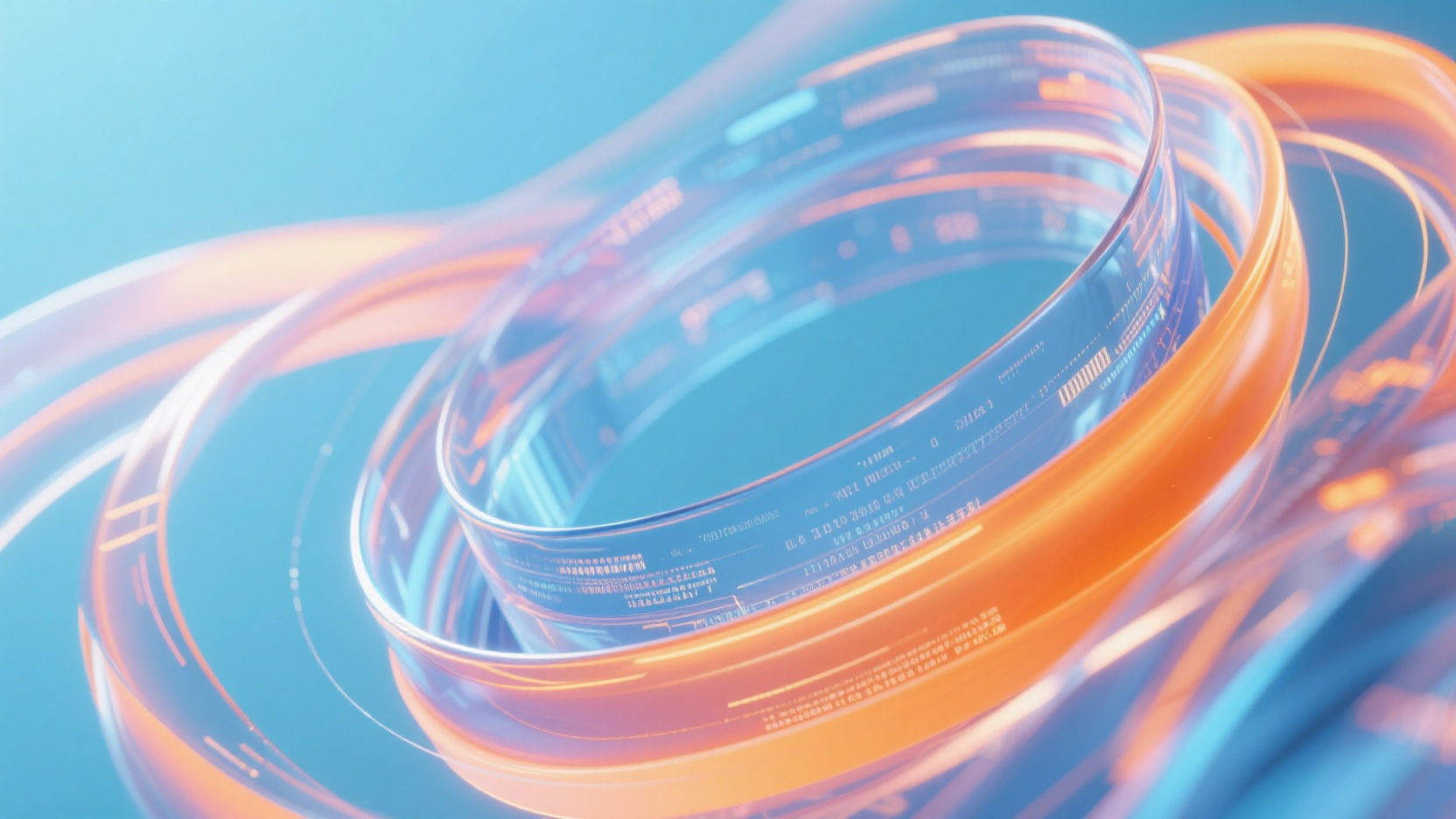 口袋-互联网背景图,抽象主视觉,三维蓝橙渐变科技,复杂光效构成循环形状交织流动,柔美未来感,玻璃材质质感,数据在上面流动,浅蓝色背景,电商广告级光影层次.