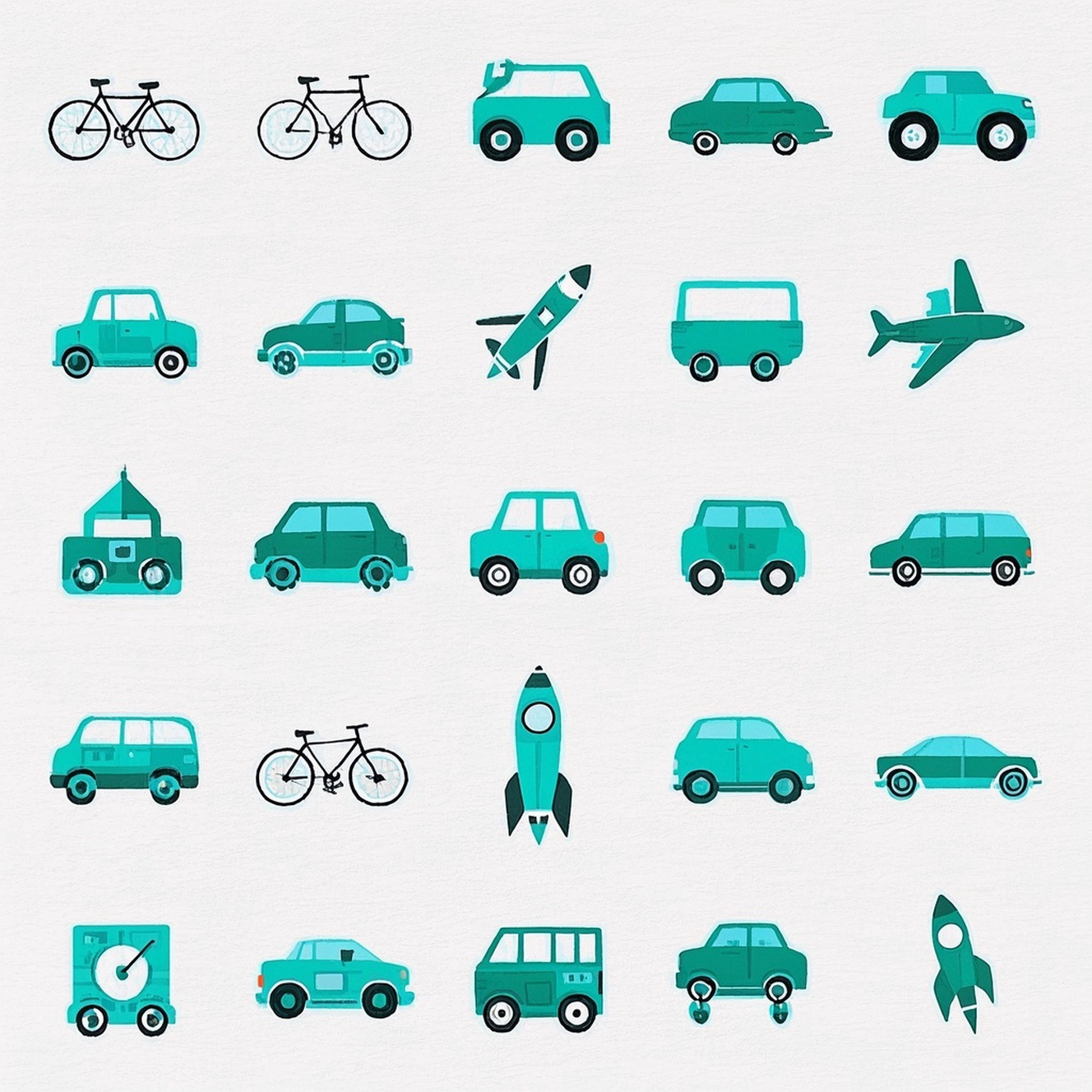 口袋-各类图标,一副平面卡通画,在纯白色背景上,多个的小图标,有各种统一风格,青色的交通工具,自行车、汽车、飞机、火箭等,j。横排6个,竖排6个。