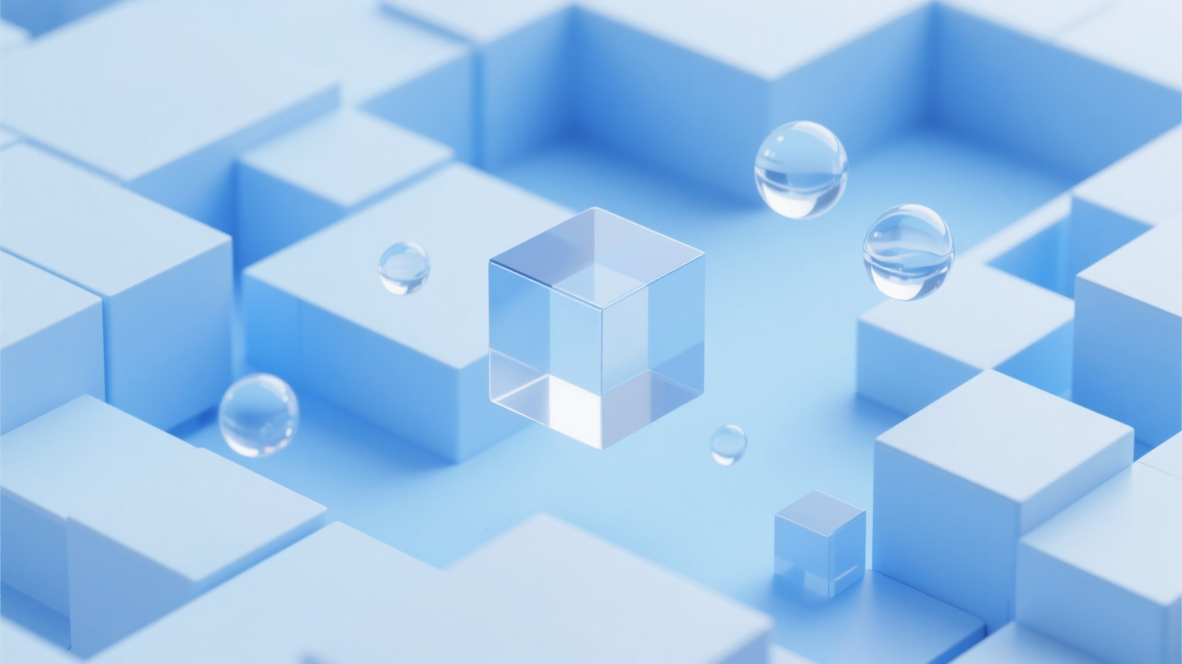 口袋-互联网背景图,蓝白色背景,几何,工业设计,极简的互联网科技海报背景,科技,未来,散落的立方体和漂浮的玻璃球,