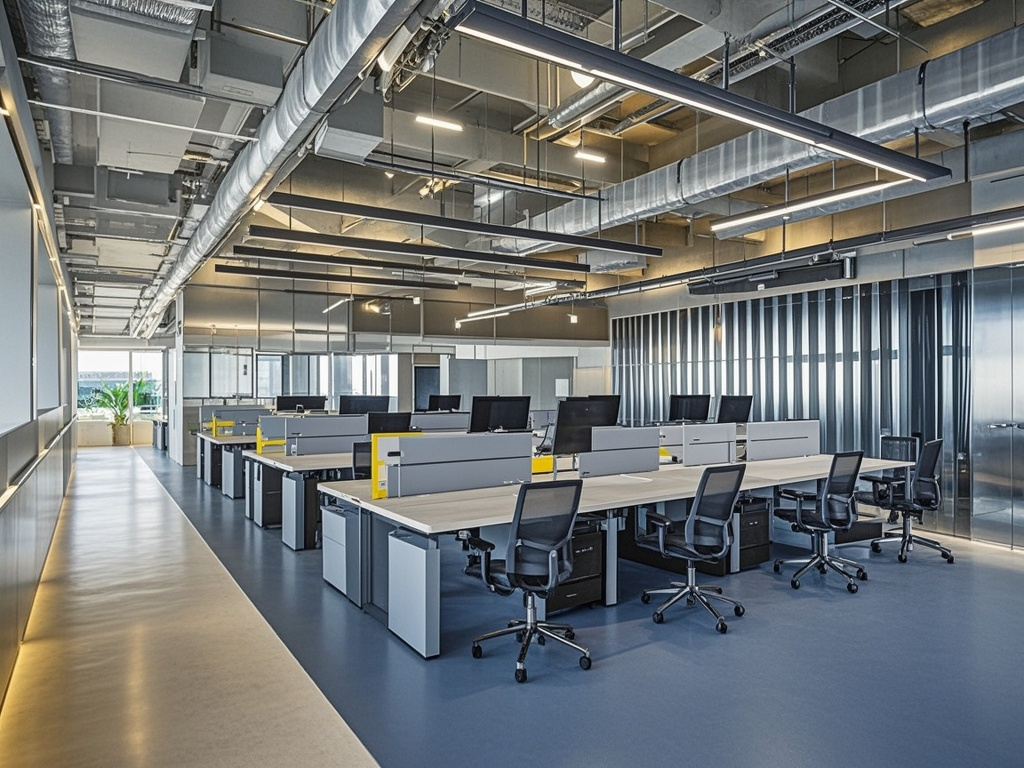 口袋-办公室场景图,高级写字楼办公室,超大办公空间,工位整齐,工业风,8K高清