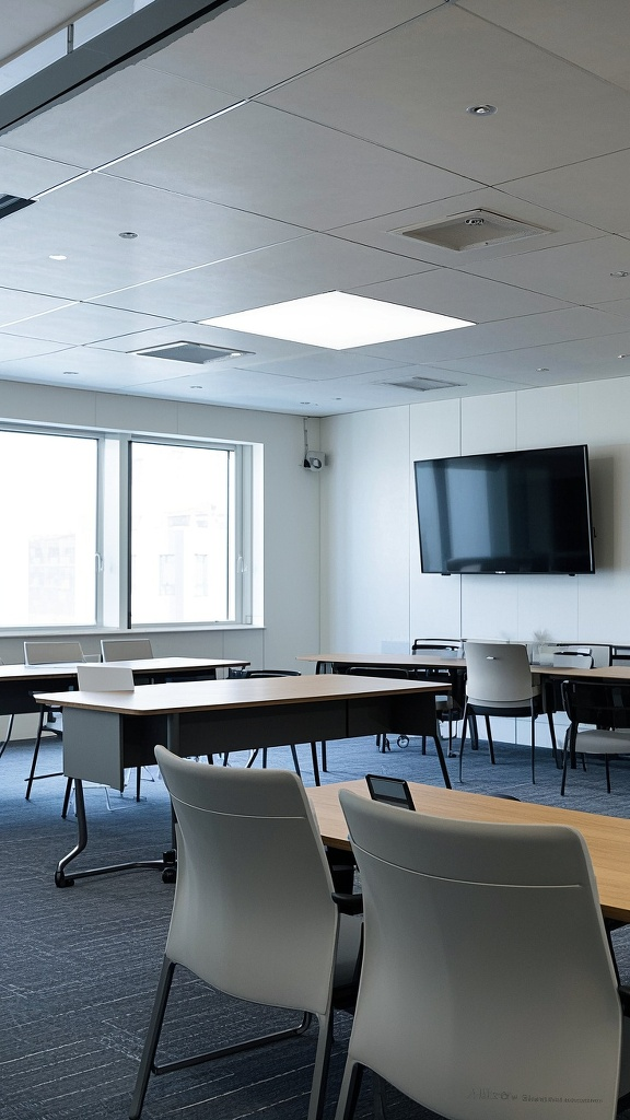 口袋-办公室场景图,现代企业培训课堂场景,超广角会议室空间布局,背景墙嵌入75寸超薄液晶电视,落地窗自然光照,浅灰白色调搭配木纹会议桌,极简主义设计风格,4K超清细节表现,无人物干扰画面,色系明亮,排除冷色系