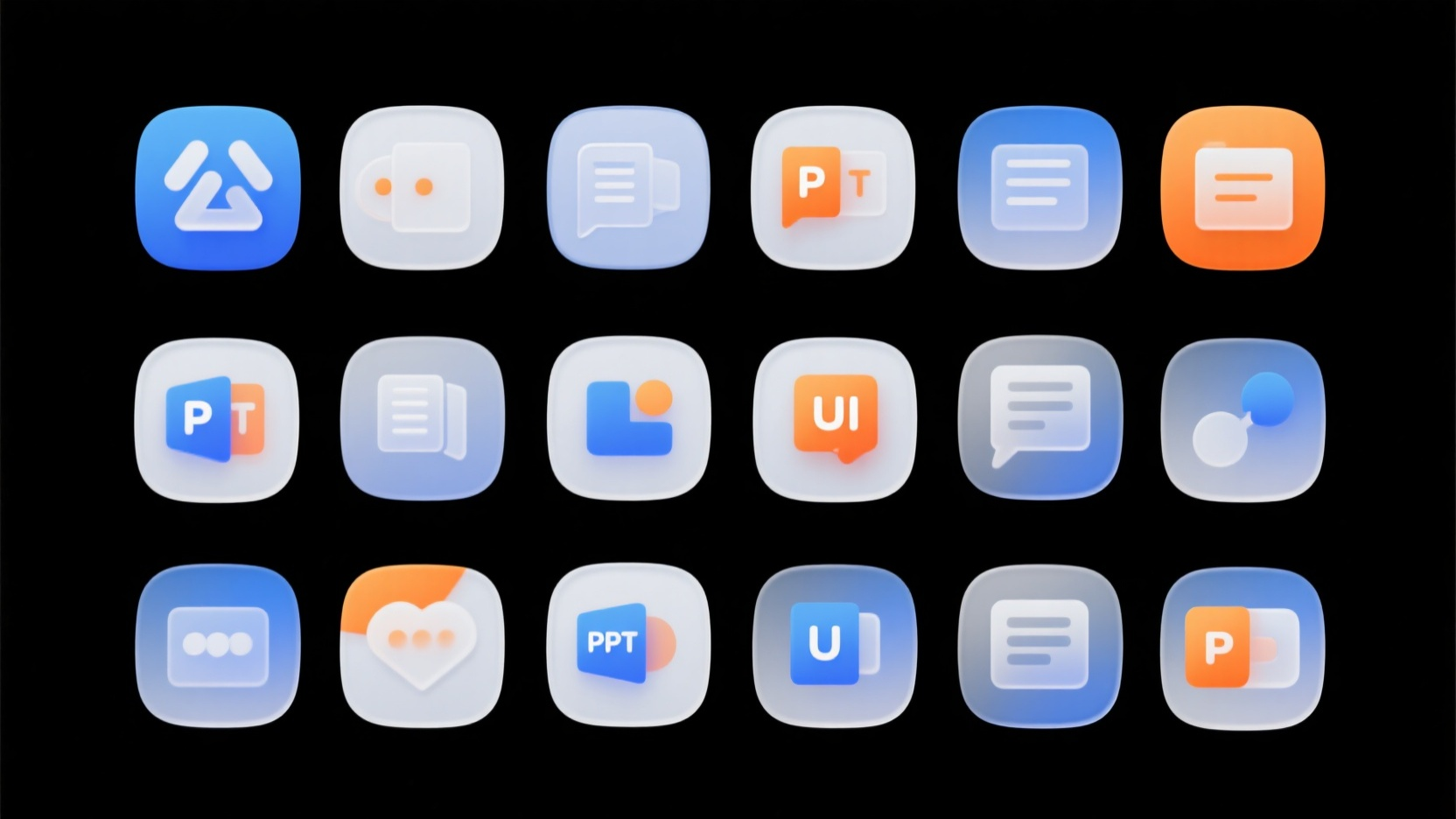 口袋-UI图标,生成一套关于办公系统平台的系列图标,PPT内容小图标,精美,UI,icon,浮雕感,系列感,风格统一,高级感,简约,蓝青橘白配色,最佳画质,创意,彩色,高级,半透明,纯黑色背景