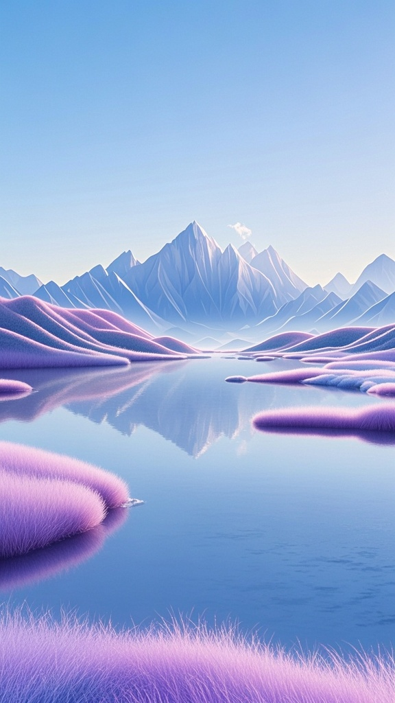 口袋-科技山水背景,超现实主义插画,极简设计,朦胧美,宁静神秘,清新自然,水天一色,颗粒全息打印,宏观镜头,色彩明亮柔和,内容简洁,毛毡质感,personalize