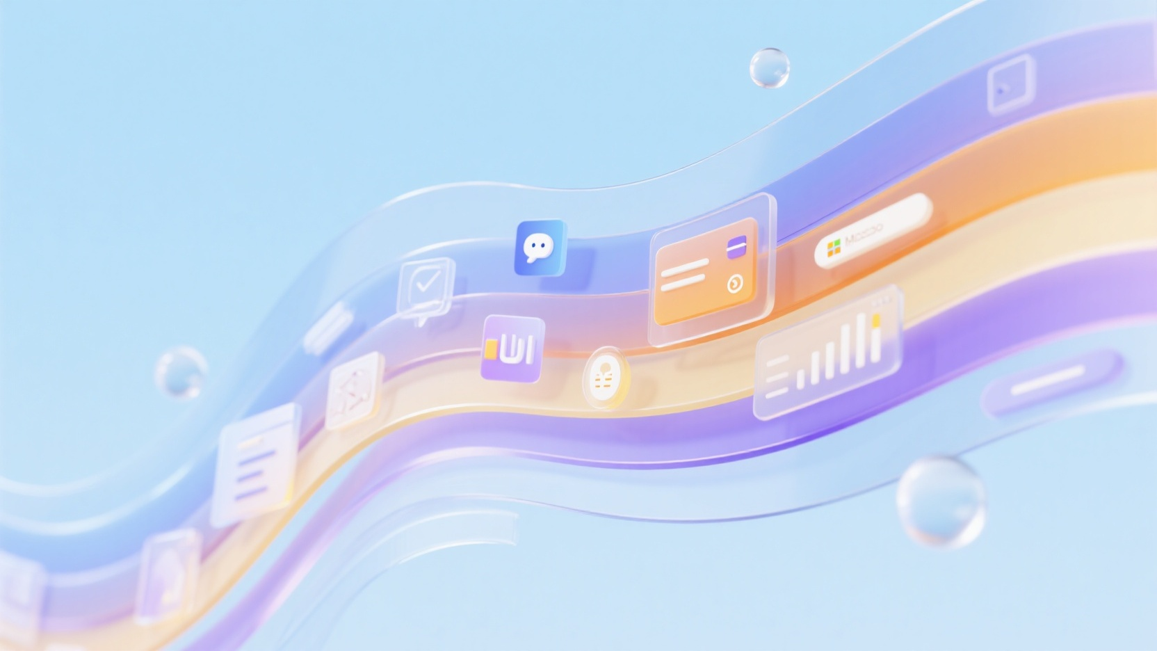 口袋-互联网背景图,微软风格数字信息可视化,起伏流动的透明玻璃质感宽度铺满的信息带从顶部往底部飘动,几条信息带特别宽叠在一起,带体呈浅色的蓝色、紫色、橙黄色透明渐变色,具备玻璃反射质感。信息带上集成了各类数据、UI图标,如对话气泡、按钮、卡片等,具有3D立体风格。整体画面背景为浅蓝色纯色背景,光感柔和,带有悬浮球形高光元素。画面整体具有未来感、科技感和数字金融氛围,适用于智能生活、数据流、信息可视化等主题。