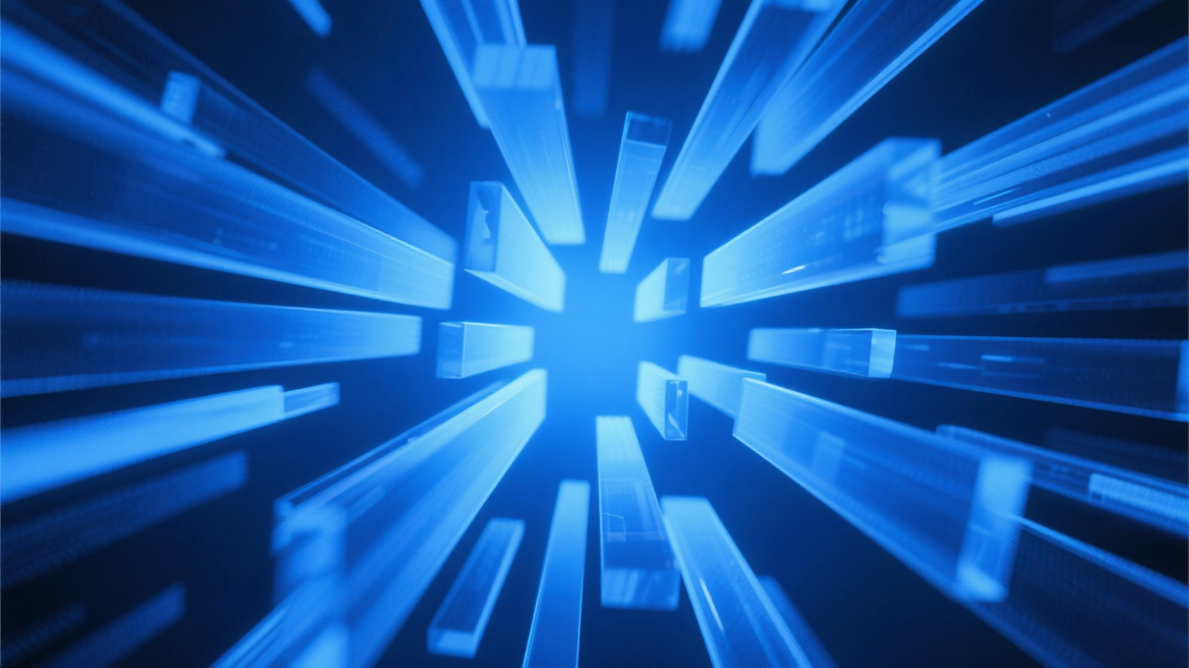 口袋-互联网背景图,一张蓝色科技主视觉,立体玻璃条块从中间向四周扩散,中心透视,镜头模糊,带有景深效果,磨砂玻璃质感,科技感