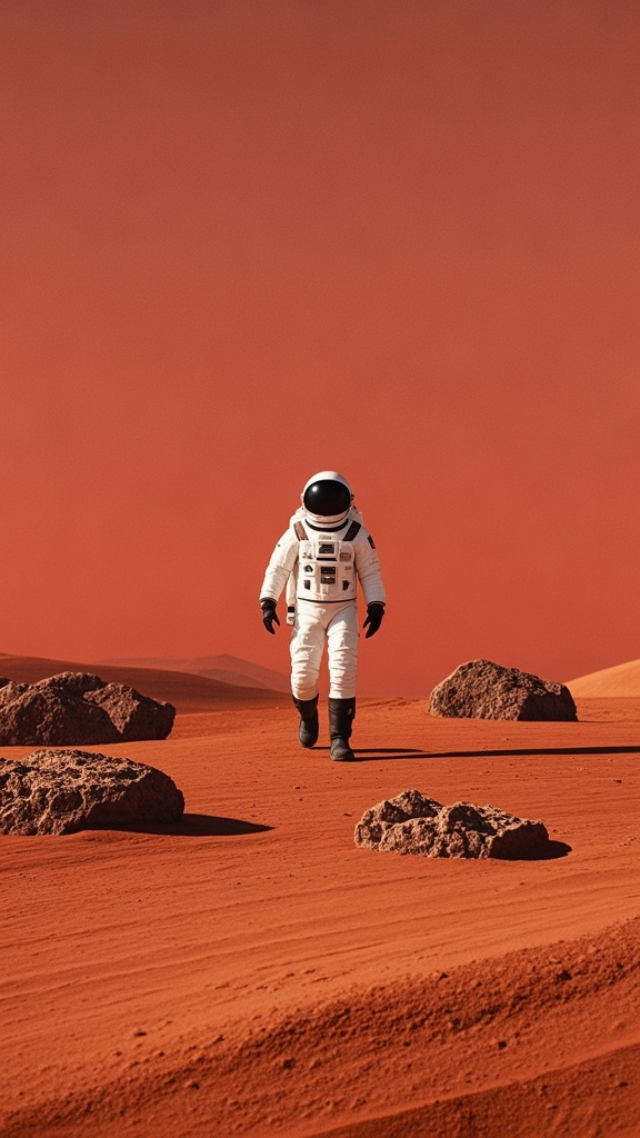 口袋-外星宇航员,一片纯色的红色背景上,一个宇航员站在火星表面,背对着观众,身体微微前倾。宇航员的服装和姿态都以极简的线条和形状勾勒,简洁而有力。背景是一片平坦的火星地表,点缀着几块岩石。整个画面充满了留白,营造出一种宁静而专注的氛围。纯色背景、极简线条、几何形状、留白、高级感。