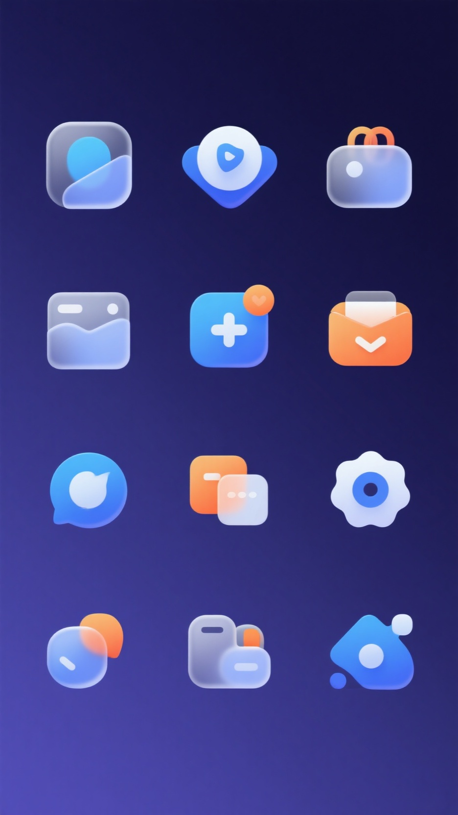 口袋-UI图标,生成一套电商平台的系列图标,小图标,精美,UI,icon,浮雕感,系列感,风格统一,高级感,简约,蓝青橘白配色,最佳画质,创意,彩色,高级,半透明,深蓝色和深蓝紫色背渐变,毛玻璃质感,高保真,4K