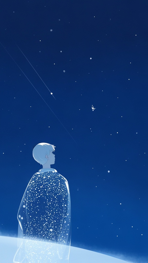 口袋-星空背景图,插画,星空下孤独的小小的背影,深蓝色纯色背景,唯美,伤感,氛围感