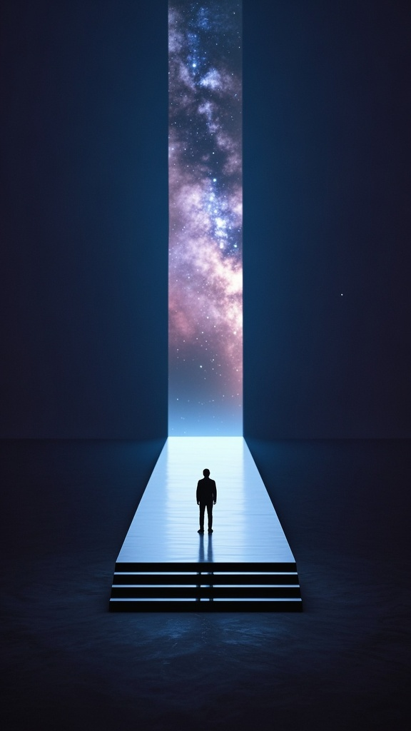 口袋-星空背景图,极简设计,深色背景,星空,一个孤独的身影伫立在极简平台的边缘,延伸至星空之中。平台在地平线上逐渐变窄,将人们的视线引向遥远的、发光的星云。该设计强调了无限的可能性和未知的旅程、