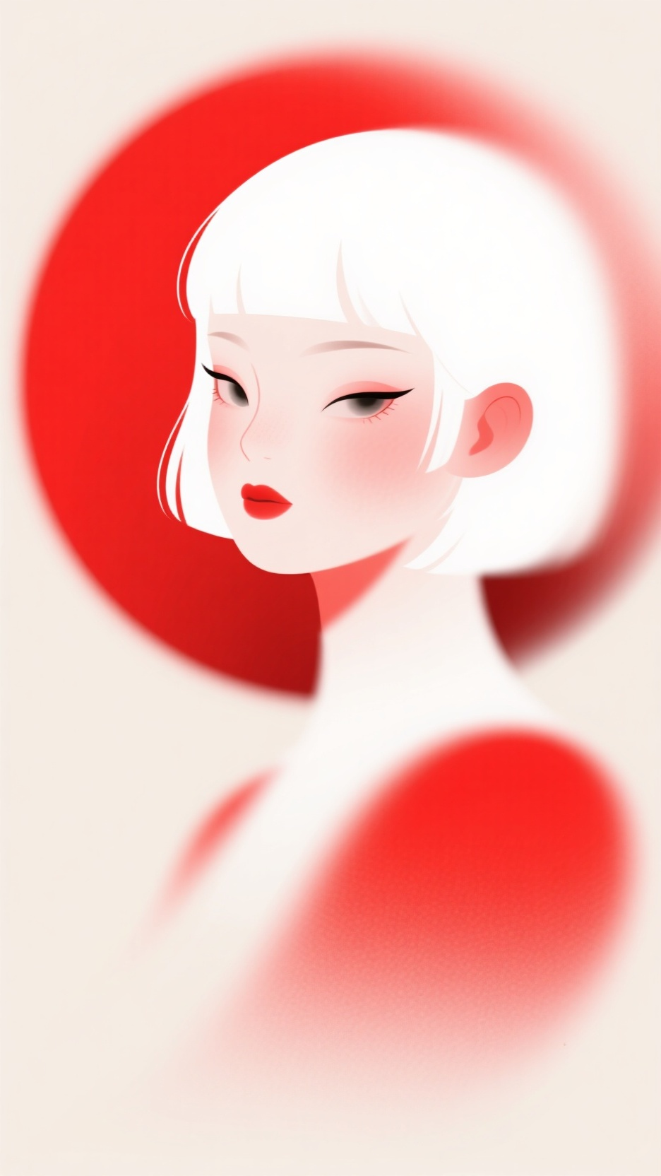 口袋-背景人物,抽象扁平插画,红色艺术,极简,抽象,极简圆润的边缘,精致妆容,白发女孩,浅色背景,超清画质,超现实主义,渐变色彩,极简造型,模糊边缘,高斯模糊,动态模糊,颗粒感