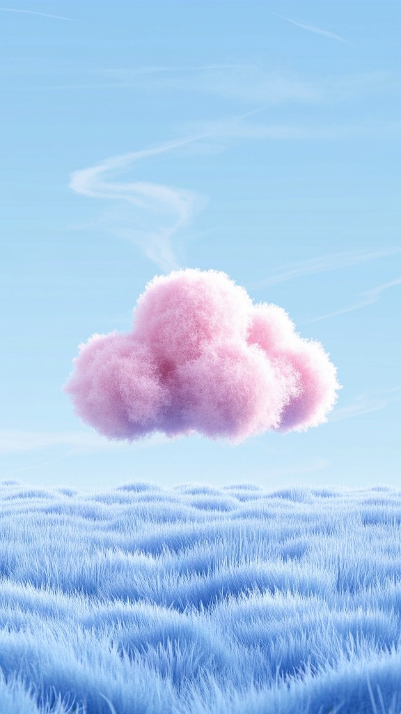口袋-天空云朵背景,C4D超现实质感背景,空场景,极简主义平面艺术, 一个粉色的云朵飘在广袤的蓝色草原上,大师级构图,点线面构图十分考究,统一的春日色调,明亮光线,摄影,电商场景,8k,超高清,干净背景,寂静与孤独