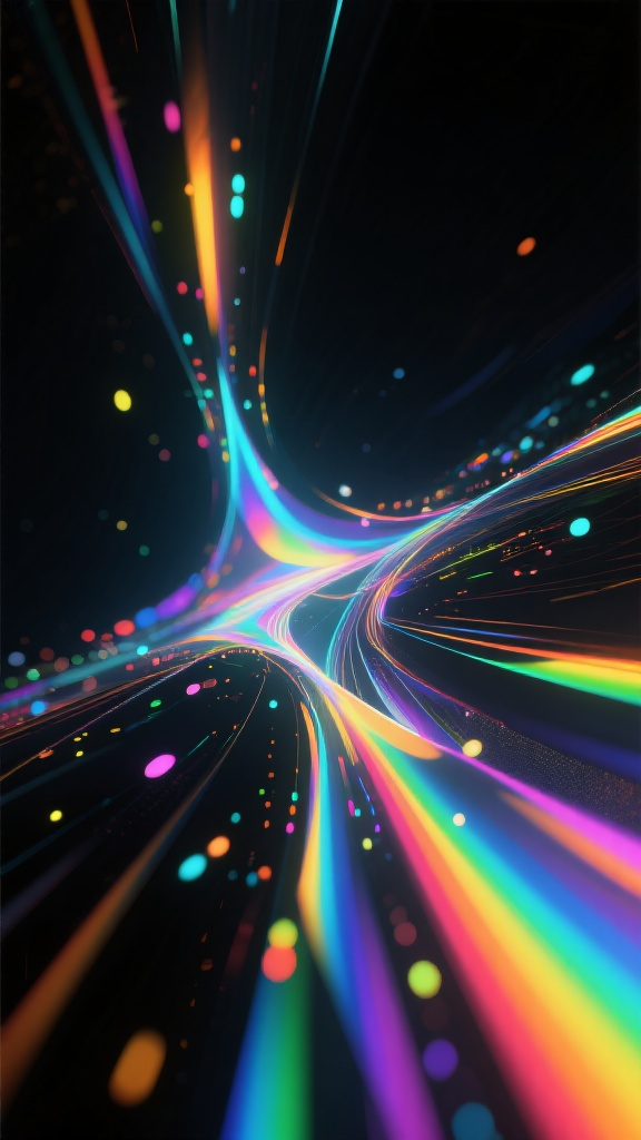口袋-高级多色背景,场景:在深邃的黑色背景中,构建一个超现实的未来数字空间,充满流动变幻的光线与闪烁的光点,仿佛是宇宙中神秘的能量场或是高科技虚拟世界的景象。构图:画面采用无边界的构图方式,色彩斑斓的光线呈波浪状从画面左侧延伸至右侧,贯穿整个画面,引导观者视线流动。闪烁的光斑散布在光线周围及画面各处,形成疏密有致的视觉层次,无明显主体边界,营造出沉浸式的视觉体验。画质:具备高分辨率,光线和光点的边缘清晰锐利,同时运用模糊效果(bokeh)使部分光斑呈现柔和的虚化,色彩过渡自然流畅,展现出如真实光线反射折射般的逼真效果,体现出精湛的数字绘制技艺。色彩:以黑色为底色,光线带有彩虹般的绚丽色彩,包括明亮的金色、橙色、绿色、蓝色、紫色等,冷暖色调交织,形成强烈且和谐的色彩对比,营造出绚丽多彩、充满活力与梦幻感的视觉效果。风格:属于数字艺术风格,融合抽象表现主义与未来主义。通过对光线、色彩和光点的抽象组合,传递出科技感与梦幻感交织的氛围,具有强烈的现代感和视觉冲击力,打破现实常规,展现超现实的创意。光线:光线效果丰富多元,有细长如射线般的光线束,模拟棱镜折射产生的多彩光线带,以及散射形成的光斑和光晕。光线相互交织、反射、折射,呈现出动态的流动感,仿佛在空间中自由穿梭,营造出富有层次感和深度感的光影效果。镜头:无实际镜头概念,以全视角展示整个抽象光影场景,使观者仿佛置身其中,全方位感受光线从各个方向袭来,沉浸在奇幻的光影世界。画风:借鉴数字绘画中对光线和色彩的独特处理手法,强调光线的流动感和色彩的绚丽表现;吸收抽象艺术中对形式和色彩的自由表达,摒弃具象描绘;融入现代视觉特效中的模糊、散景等效果,形成独特的、极具未来感与艺术感的数字艺术画风。