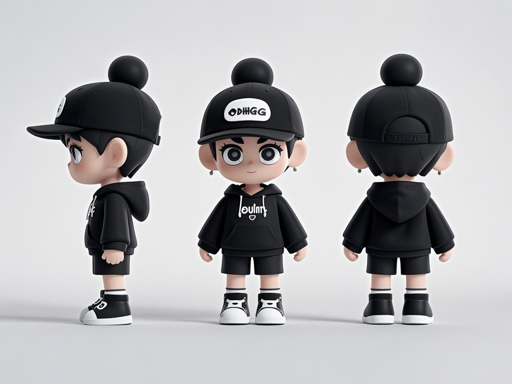 口袋-IP形象,盲盒包装的可爱的人物ip、头身比1:1、可淡化五官、多视角,休闲帽衫,卡通形象的三个视角、生成三个视角,即正面视角、侧面视角和背面视角、保持一致性和统一性、草图、草稿、单色、黑白手稿、干净的背景