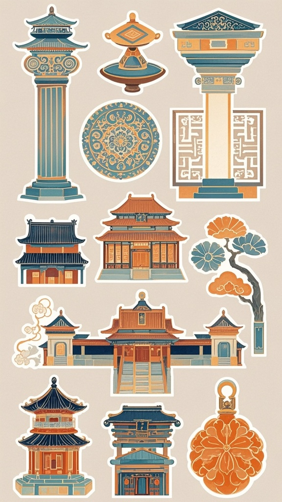 口袋-国风元素,国风主题插画集,中国古建筑风格贴纸设计,多元元素布局,浅中性色背景,8K分辨率,暖色调配色方案,无交叉重叠,给人以舒适的观感。