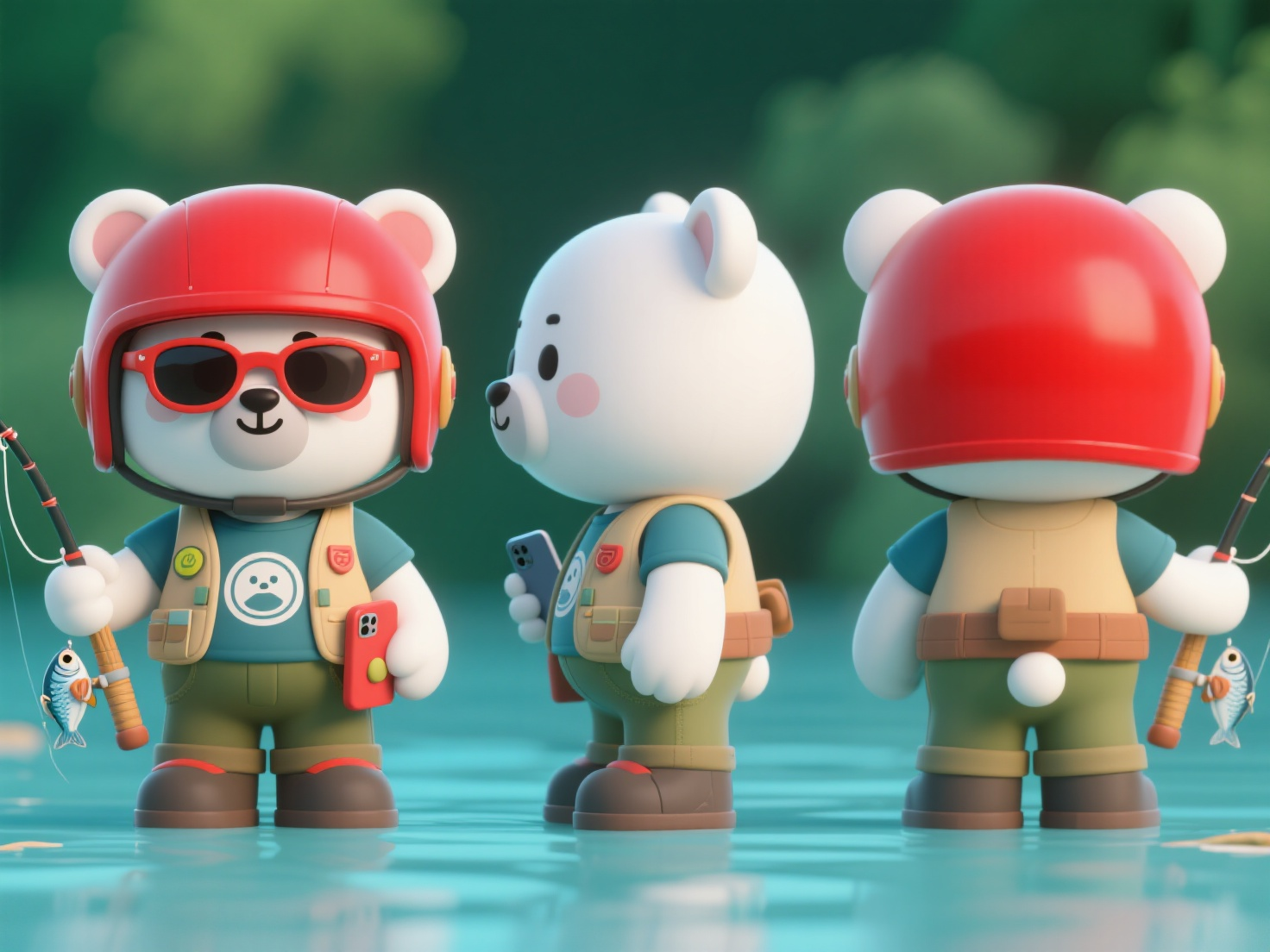 口袋-IP形象,钓鱼佬小熊拟人化IP形象,C4D风格,3D卡通可爱Q版调皮风格,三视图:正面侧面和后面,完整展示IP全身,不要有任何裁剪,C4D风格白色小熊戴着醒目的红色头盔,带着墨镜,身穿钓鱼佬的T恤和背心,手机拿着鱼竿