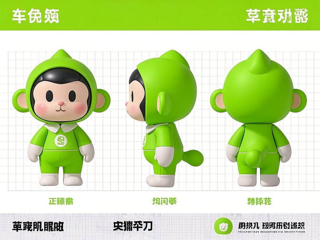 口袋-IP形象,盲盒包装的可爱的猴子ip、丰满的身体、精致的五官、兜帽,多视角,绿色衣服,卡通形象的三个视角、生成三个视角,即正面视角、侧面视角和背面视角、保持一致性和统一性、草图、草稿、单色、黑白手稿、干净的背景