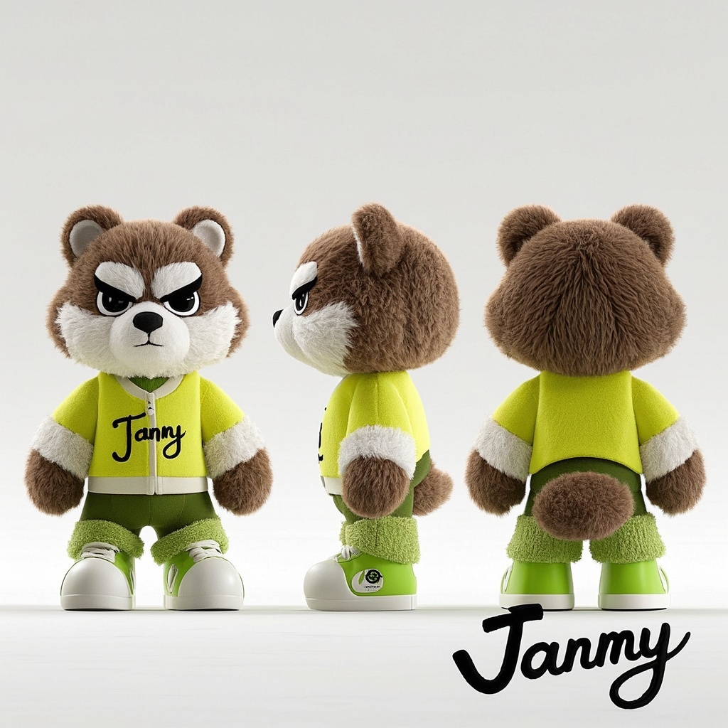 口袋-IP形象,3D卡通角色设计,毛茸茸的可爱动物拟人角色,时尚服装,球鞋,黄色,酷,三视图,正视图,侧视图,后视图,毛绒材质,干净背景,配色高级,极致的光影,高级,充满创意,极简,右下角署名“Janmy ”