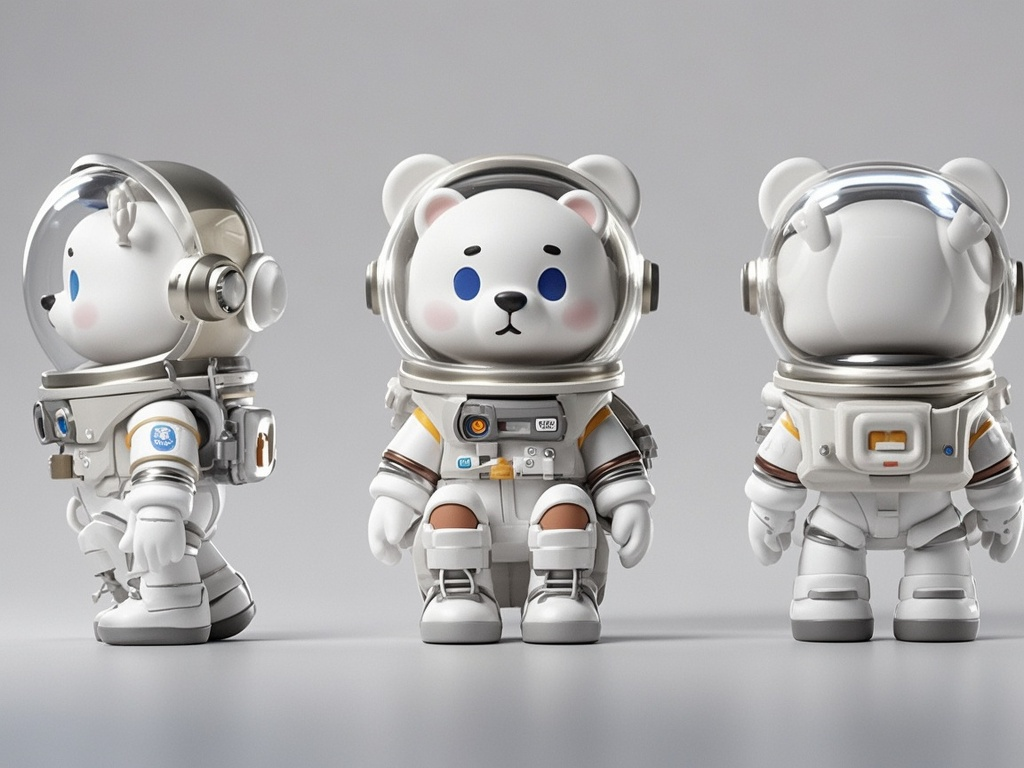 口袋-IP形象,三视图,全身,正面,侧面,背面,卡通ip,白色小熊,白色宇航员玻璃帽子,科技感,萌萌哒,蹲下,干净背景,pop mart,pixar,ip盲盒,粘土材料,柔和颜色,工作室灯光,octane render,3d,c4d,超高清8k