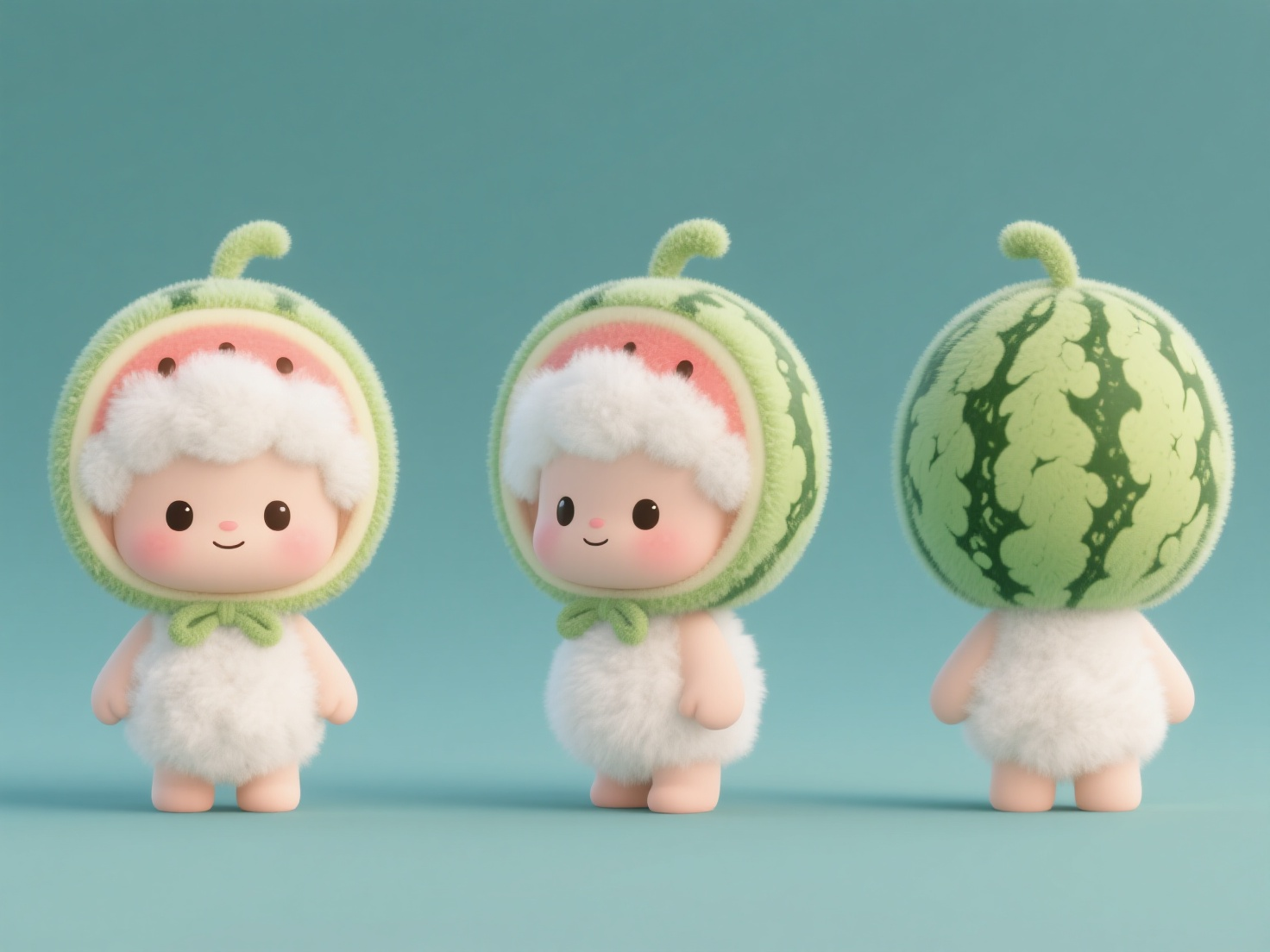 口袋-IP形象,卡通,可爱,拟人化,梦幻,童话,可爱的棉花宝宝,戴着一个西瓜毛绒帽子,纯色背景,16k,超高清,NICI配色,干净背景,三视图,正面、侧面、背面,3D渲染。