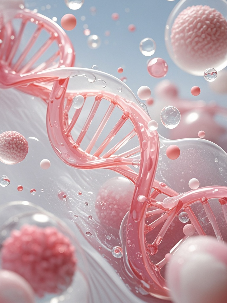 口袋-医疗背景元素,清澈的粉白色背景,漂浮着水珠、气泡和液体波浪,形成DNA链的形状,多个分子,有细胞和基因悬浮在空中。整个场景充满了柔和的色调、光线反射效果,具有极简主义风格、高清摄影、3D渲染、高分辨率、高细节和深度感。oc渲染