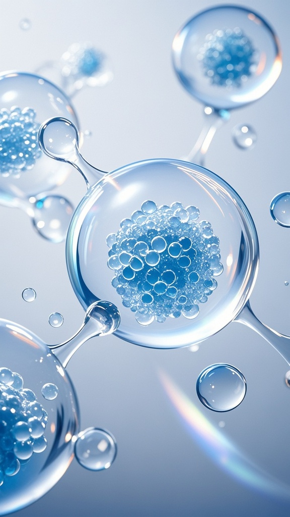 口袋-医疗背景元素,这是一张具有科技感和微观视角的图片,展示了类似分子结构的物体。画面中有多个透明球体,每个球体内部有里面包裹着分子式结构小水珠,球体之间由透明的连接物相连,构成一个网状结构。周围还有一些悬浮的小水泡和光影效果,整体营造出一种微观世界中分子相互作用的场景,可能用于展示化学分子结构、生物细胞连接或相关科学概念,也可能应用于护肤品等产品宣传,象征有效成分的分子组合。浅蓝色干净背景