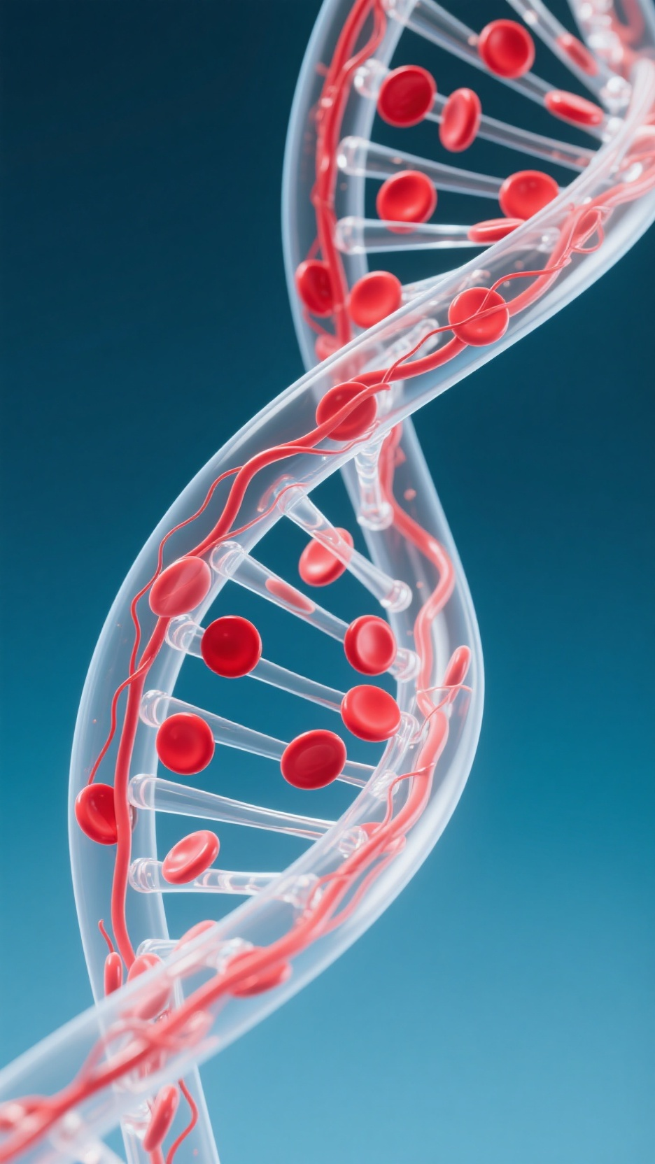 口袋-医疗背景元素,DNA血管素材是透明的,里面有流动的红色血细胞,3D建模,透明背景