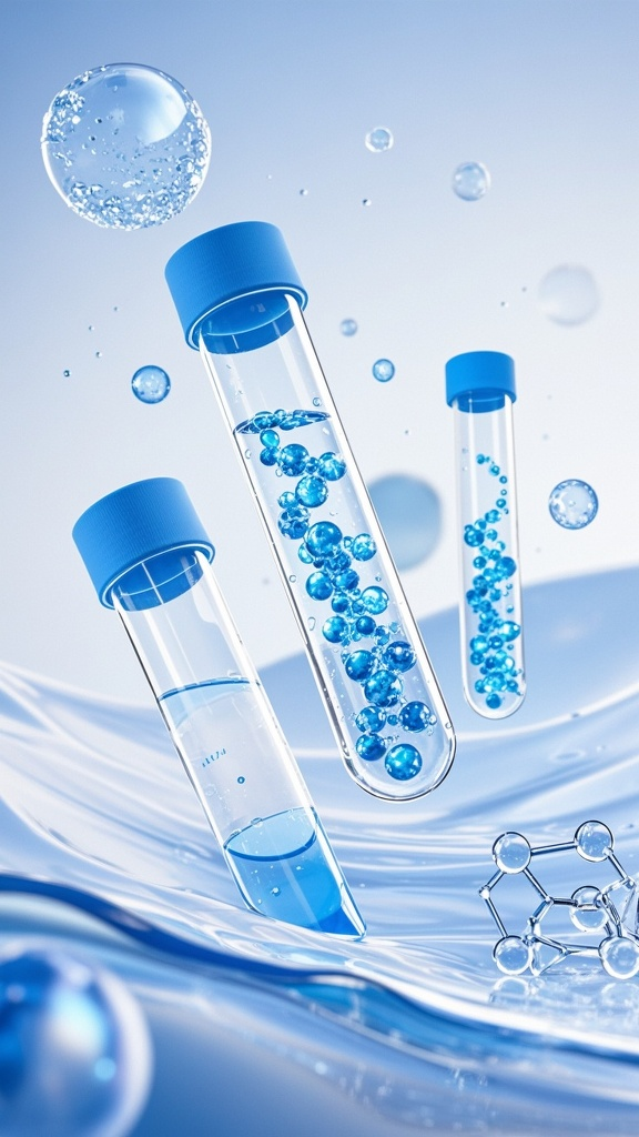 口袋-医疗背景元素,清澈的蓝白色背景,漂浮着水珠、气泡和液体波浪,形成DNA链的形状,多个分子,有细胞和基因悬浮在空中。整个场景充满了柔和的色调、光线反射效果,具有极简主义风格、高清摄影、3D渲染、高分辨率、高细节和深度感。oc渲染