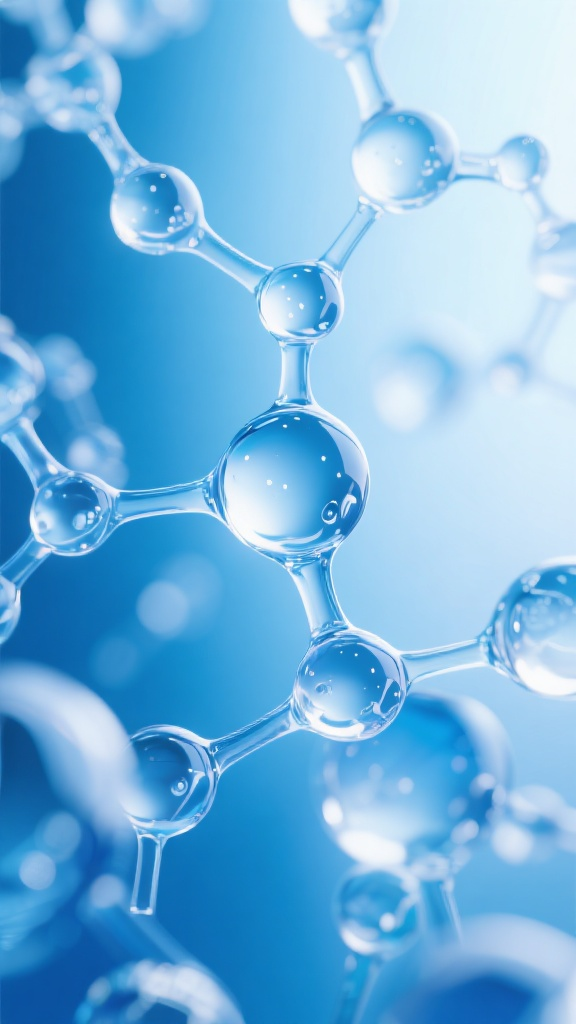 口袋-医疗背景元素,Abstract art inspired by molecular structures and liquid droplets, predominantly blue and white tones, emphasizing transparency, reflections, and internal details, with a sense of depth and ethereal quality.