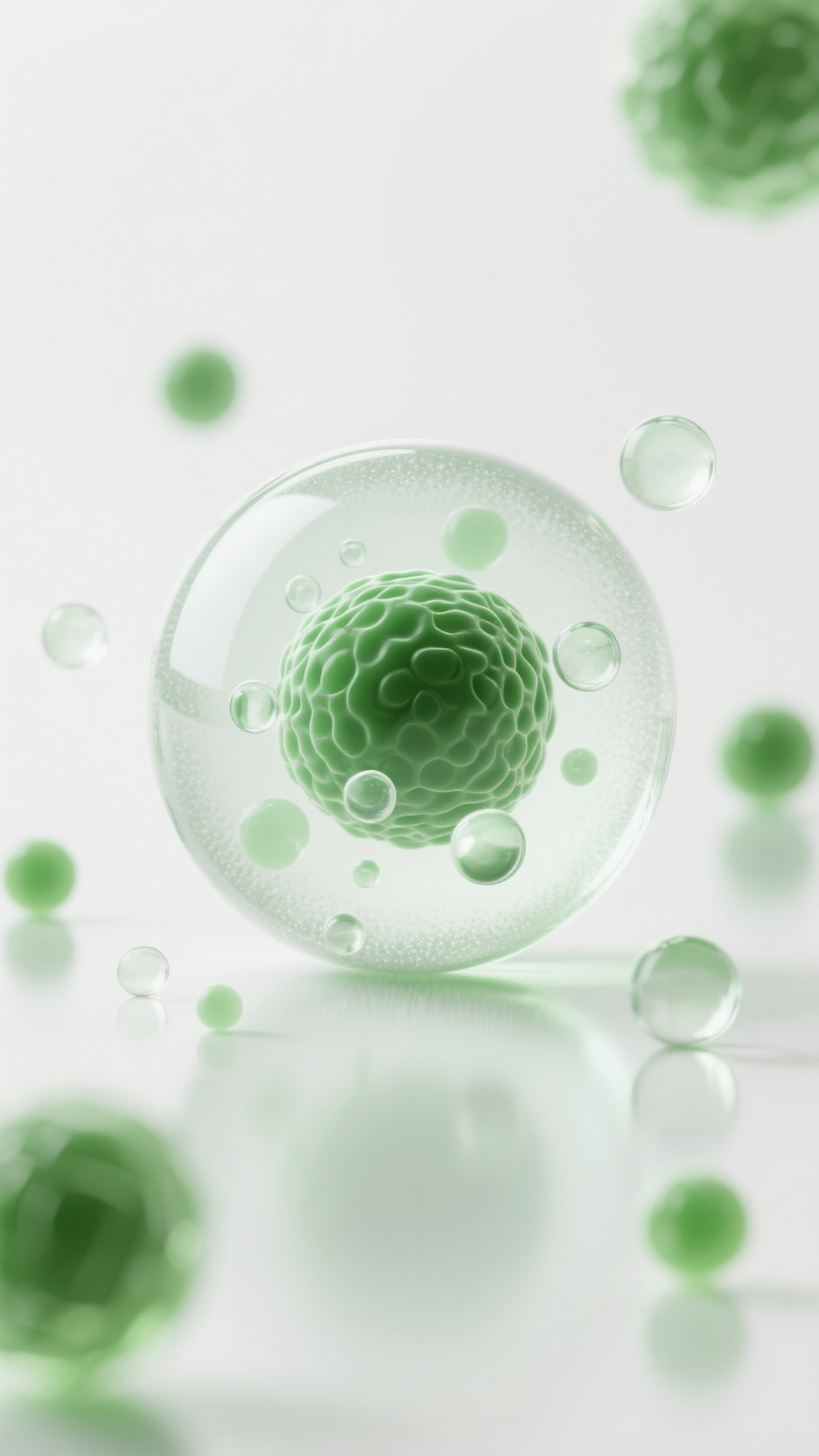 口袋-医疗背景元素,创作一幅超写实 3D 渲染风格的微观生物可视化作品,适配美妆天然成分 / 生物科技主题。以纯净白色为背景,画面中心呈现 1 个透明磨砂质感的玻璃球,内部包裹一颗绿色立体细胞(表面凹凸纹理清晰,带深浅绿色渐变 ),细胞内嵌套更小的透明气泡。玻璃球内外随机散布大小不一的透明小气泡,部分带淡绿色光晕。画面四周模糊点缀绿色细胞球体(尺寸小于核心细胞 )。用柔和漫射光营造自然明暗过渡,突出磨砂玻璃的颗粒感、细胞的浮雕质感、气泡的悬浮光晕;背景弱绿色反光强化色调统一,精准还原纯净、自然、充满科技感的微观世界氛围。