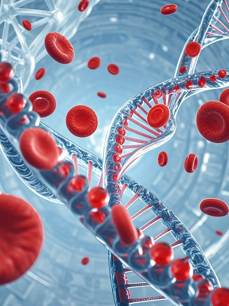 口袋-医疗背景元素,两条科技风的DNA透明血管,一条前,一条在后,里面有流动的红色血细胞,3D建模,透明背景