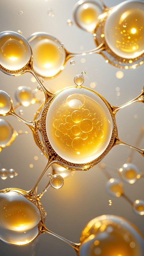 口袋-医疗背景元素,一个画面里有多个的气泡,不规则圆形的透明分子,质地柔软,分子内闪烁,晶莹剔透,充满浅黄色液体,水润有光泽,漂浮在浅黄色精华中,球体之间由透明的连接物相连,构成一个网状结构。营造柔和的光影效果,焦散,具有清晰的纹理细节和细腻的色彩,工作室照明,高分辨率,16K,整体构图对称平衡,呈现奢华感,C4D,纹理细节清晰,色彩细腻,透明的液体背景,背景通用黄色特效科技风分子水珠精华