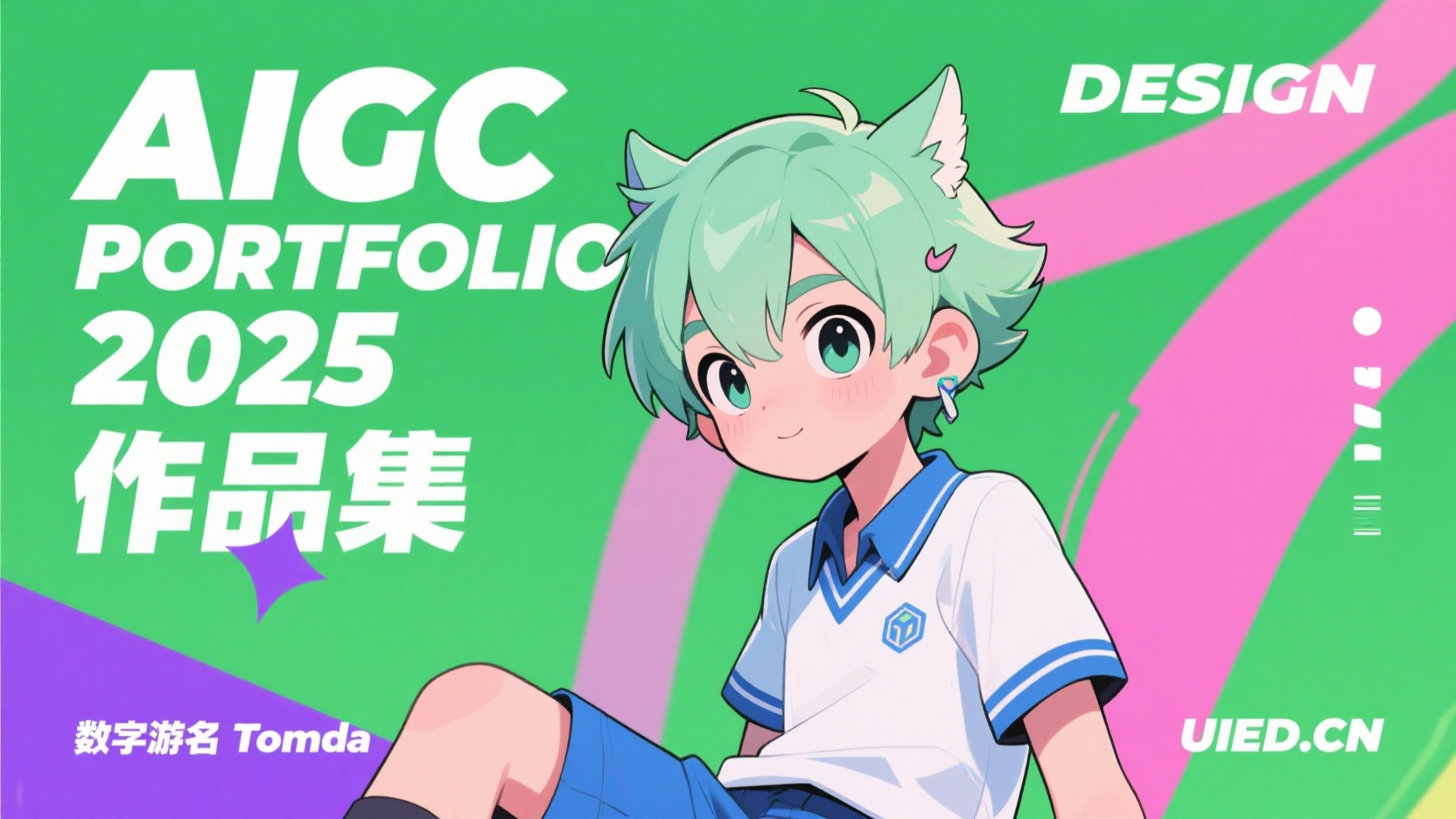 口袋作品集-作品集封面,一个插画卡通风格的男孩,占据画面中央。男孩年龄看起来是青少年,面部轮廓相较于女孩更显利落,下颌线稍带棱角,保留夸张大眼睛的同时,眼神增添几分爽朗锐气,表情阳光中带着一丝少年的英气。他的头发是浅绿色,剪成利落的短发或狼尾发型,发间点缀像小犄角一样的装饰,更显活力。环境是嫩绿色背景,画面构图和色彩鲜艳活泼,充满漫画风格。男孩正坐着,身体稍微倾斜,面向观者。色调明亮,色彩对比鲜明,包括粉红、紫色、绿色、白色等。整体氛围是活泼、时尚的,设计作品集页面。作品标题 “DESIGN PORTFOLIO 2025” 以及 “AIGC 作品集” 以白色大字体呈现,位于画面左边。左上角 “AIGC”,左下角 “数字游名 Tomda”,右上角 “PORTFOLIO”,右下角 “UIED.CN”。