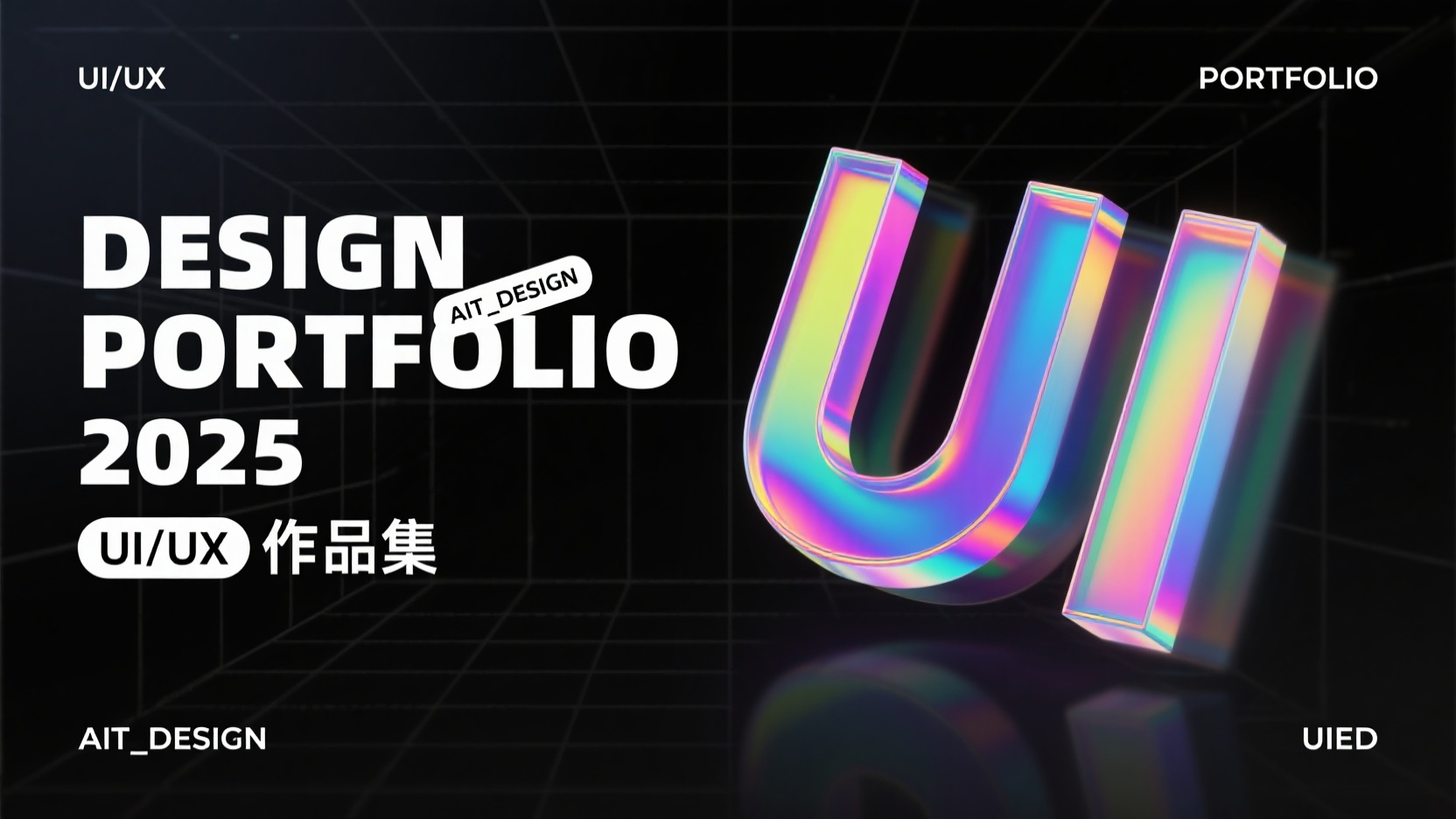 口袋作品集-作品集封面,以纯黑色背景采用毛玻璃质感,点缀若隐若现的淡灰色网格线,右侧为五彩斑斓的3D渲染的“UI”字母为显著特征,立体悬浮感,作品标题在左侧“DESIGN PORTFOLIO 2025”以及“UI/UX作品集”以大字体呈现,在文字穿插一个标签设计“AIT_DESIGN”,左上角“UI/UX”左下角“AIT_DESIGN” 右上角“PORTFOLIO”右下角“UIED”以小字体呈现