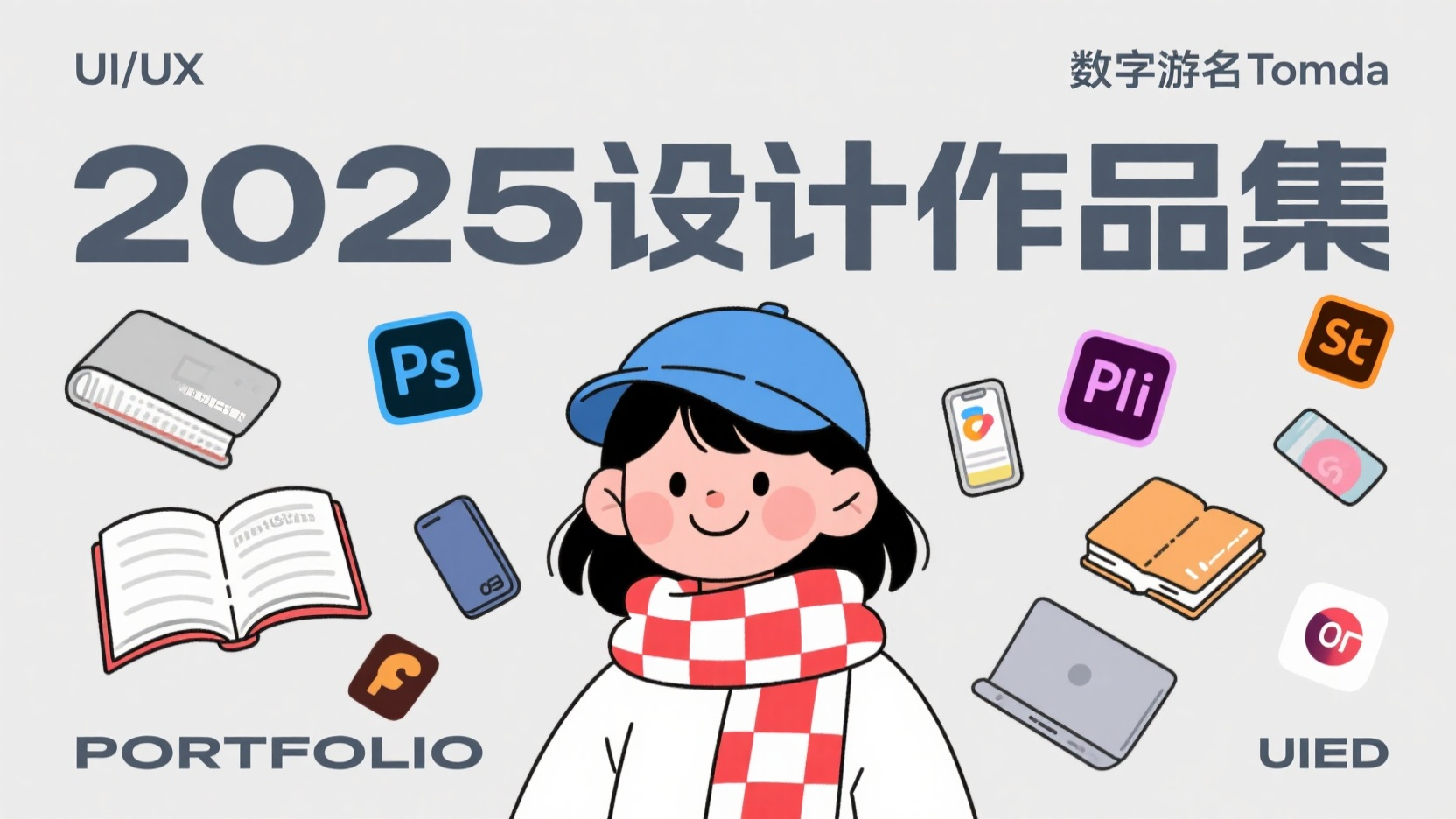 口袋作品集-作品集封面,1位年轻女孩,出现在一幅卡通风格的插图中。。作品标题“2025设计作品集”以及“UI/UX作品集”以大字体呈现,背景是浅灰色的,周围散布着各种设计软件的标志如Photoshop、llustrator、Sketch、Figma等)。整个风格简洁平面,使用轮廓线和纯色填充。整体氛围友好且富有教育意义,可能与图形设计或数字艺术教程相关。图像的光线简单,营造出一种有趣且富有吸引力的插图效果。左上角“UI/UX”左下角“数字游名Tomda”右上角“PORTFOLIO”右下角“UIED”