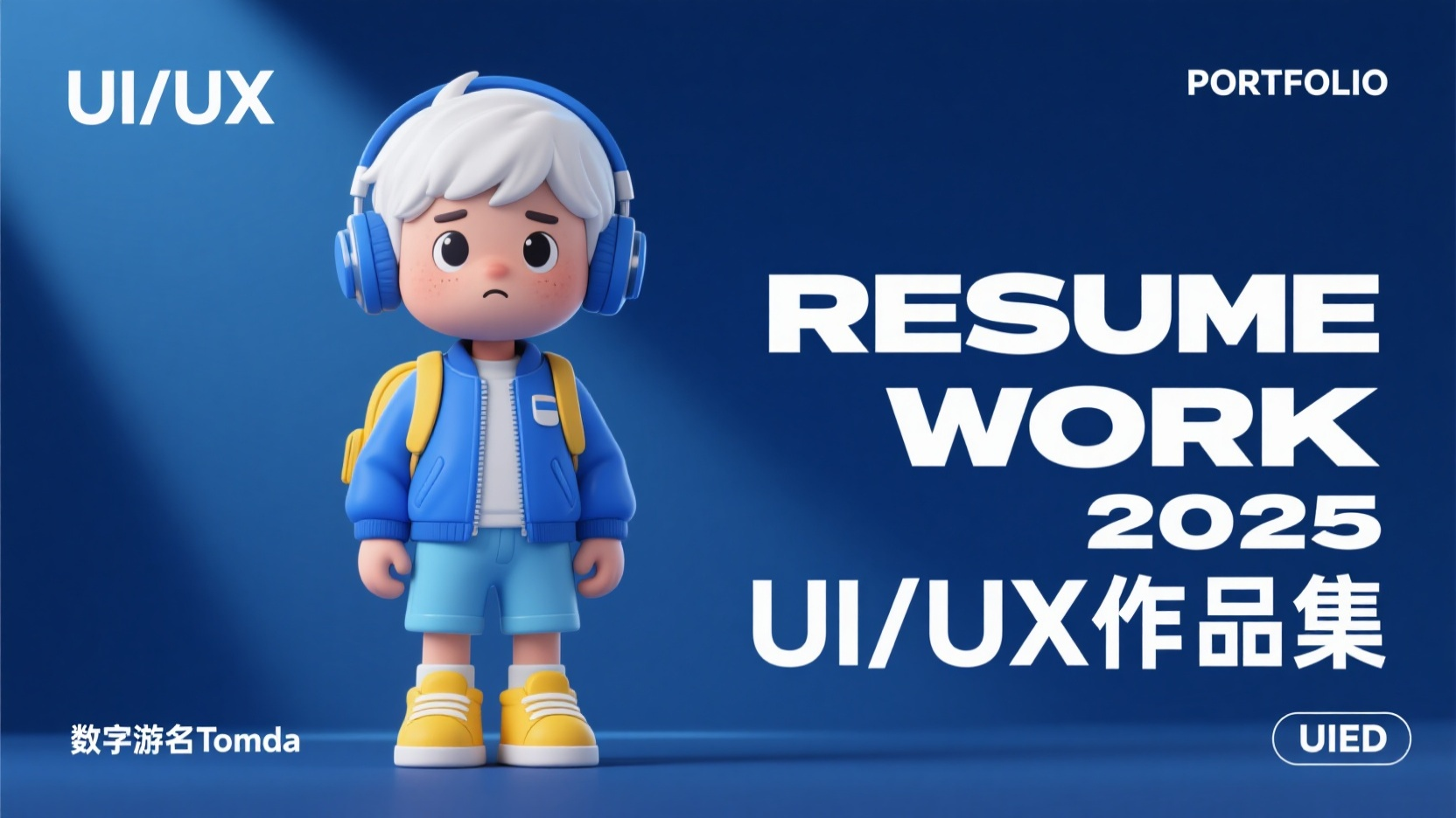 口袋作品集-作品集封面,一个卡通风格的男孩,穿着蓝色夹克衫、白色短发,戴着蓝色耳机和黄色背包,身着浅蓝色短裤,穿着黄色运动鞋。他表情略显忧郁,眼睛圆而深邃,嘴唇微瘪。男孩身形圆润可爱,站立姿态,面向画面正前方。画面背景为深蓝色,营造一种安静、时尚的氛围。整体风格是3D渲染,色彩鲜艳而饱满,光线从画面左侧打来,突出人物细节。作品标题“RESUME WORK 2025”以及“UI/UX作品集”以白色大字体呈现,位于画面左边。左上角“UI/UX”左下角“数字游名Tomda” 右上角“PORTFOLIO”右下角“UIED”