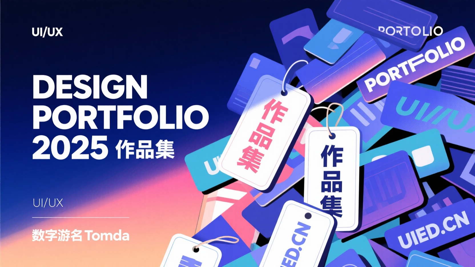 口袋作品集-作品集封面,画面背景为深蓝渐变色,右侧一堆的标签卡片“作品集”杂乱一些,整体风格是插画风格,色彩鲜艳而饱满,光线从画面左侧打来,突细节。作品标题“DESIGN PORTFOLIO 2025”以及“UI/UX作品集”以白色大字体呈现,”,位于画面左边。左上角“UI/UX”左下角“数字游名Tomda” 右上角“PORTFOLIO”右下角“UIED.CN”