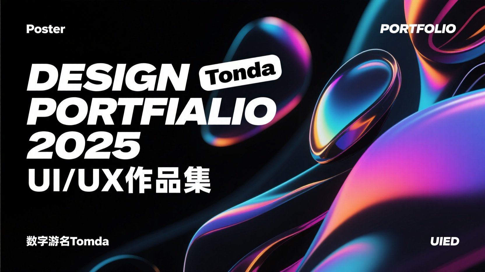 口袋作品集-作品集封面,一个设计作品集页面,以黑色为背景色。作品标题在左侧“DESIGN PORTFOLIO 2025”以及“UI/UX作品集”以白色大字体呈现,在文字穿插一个标签设计“Tomda”,营造出动态和光泽感。整体风格是现代、时尚的,带有未来感。作品集的标题位于图片中央偏上位置。页面背景包含一些抽象的图案和文字,与作品集的主题相呼应。整体色调偏暗,色彩以黑色为基调,并点缀有明亮的彩色光影。左上角“Poster”左下角“数字游名Tomda” 右上角“PORTFOLIO”右下角“UIED”