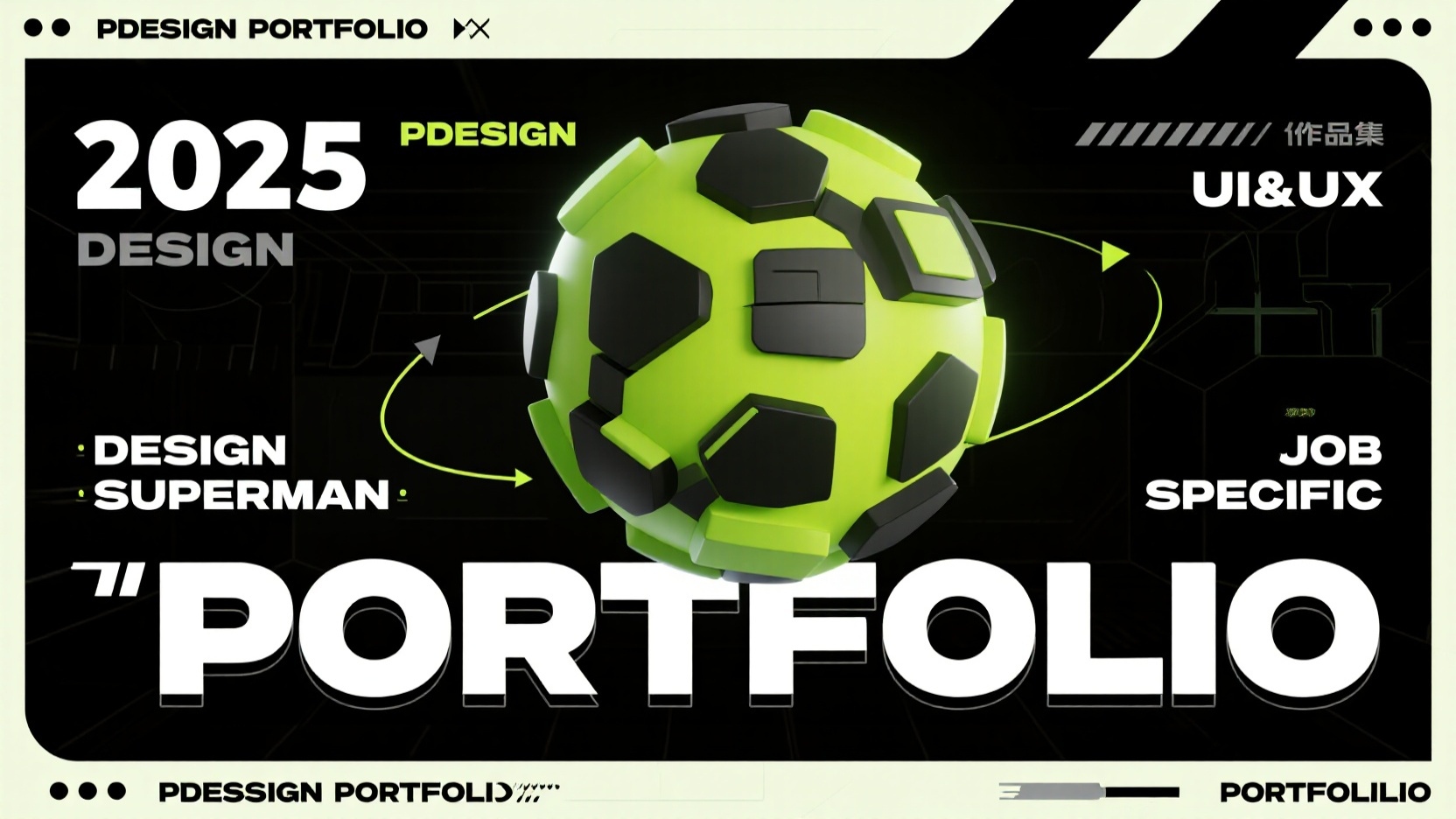 口袋作品集-作品集封面,作品标题“2025 PDESIGN PORTFOLIO”,以及“UI/UX作品集”大字体呈现。左上角“2025 DESIGN”,左下角“DESIGN SUPERMAN”,右上角“UI&UX”,右下角“JOB SPECIFIC”,主画面中间是潮流炫酷的图形,配色采用荧光绿和黑色,营造出炫酷潮流的氛围,但是也要确保作品集封面的所有文案内容不被遮挡,文字要都能可识别,风格为卡通3D渲染。