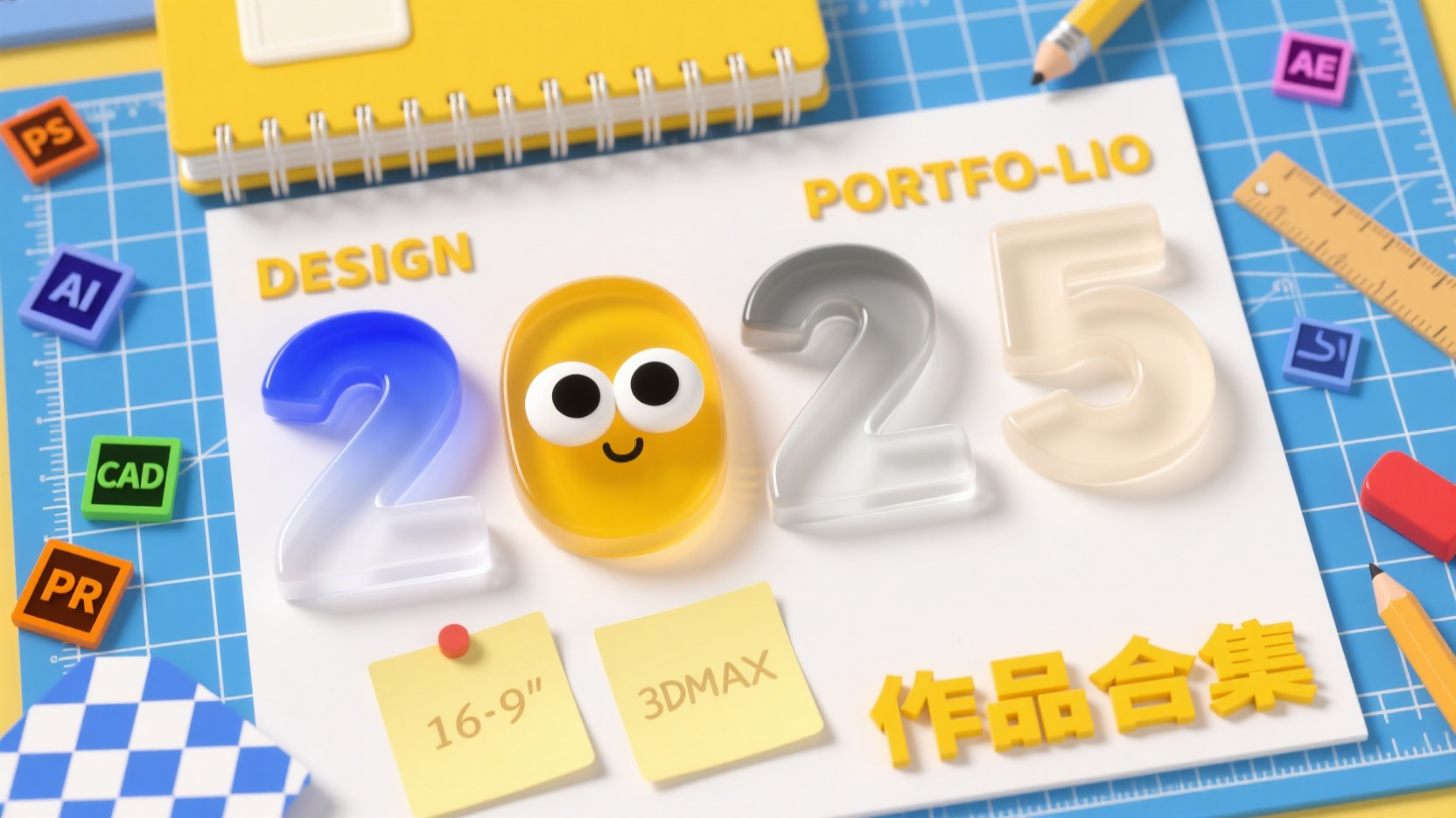 口袋作品集-作品集封面,生成一张充满创意的设计作品集封面图,整体氛围活泼且富有设计感。画面中心是立体的“2025”数字,每个数字材质与颜色各异:第一个数字为蓝白渐变磨砂玻璃,第二个是黄色磨砂玻璃材质的带大眼睛的卡通,第三个是银色磨砂玻璃质感,第四个是米白渐变磨砂玻璃。数字下方是一张白纸,纸上有两张便签,白纸上方是黄色螺旋装订本,左侧写着 “DESIGN”,右侧写着“PORTFO-LIO”。周围散布着彩色方块,分别标注“PS”“AI”“CAD”“AE”“PR”“3DMAX”,左下角有蓝白格子方块。白纸右下方有黄色立体字“作品合集”。背景包含蓝色切割垫(带白色刻度线)和网格纸,旁边放置文具如铅笔、尺子、红色橡皮。,比例 「16:9」生成4张