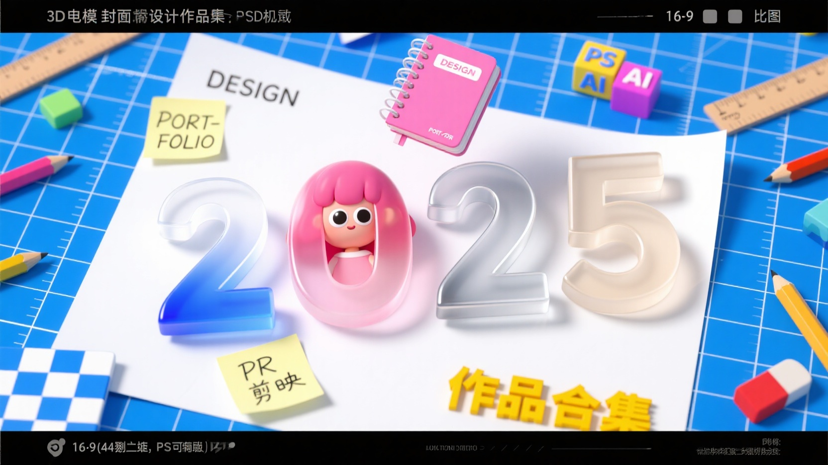 口袋作品集-作品集封面,生成一张充满创意的设计作品集封面图,整体氛围活泼且富有设计感。画面中心是立体的“2025”数字,每个数字材质与颜色各异:第一个数字为蓝白渐变磨砂玻璃,第二个是粉色磨砂玻璃材质的带大眼睛的卡通女孩,第三个是银色磨砂玻璃质感,第四个是米白渐变磨砂玻璃。数字下方是一张白纸,纸上有两张便签,白纸上方是粉色螺旋装订本,左侧写着 “DESIGN”,右侧写着“PORTFO-LIO”。周围散布着彩色方块,分别标注“PS”“AI”“PR”“剪映”,左下角有蓝白格子方块。白纸右下方有黄色立体字“作品合集”。背景包含蓝色切割垫(带白色刻度线)和网格纸,旁边放置文具如铅笔、尺子、红色橡皮。,比例 「16:9」生成4张格式生成为PS可编辑的PSD格式