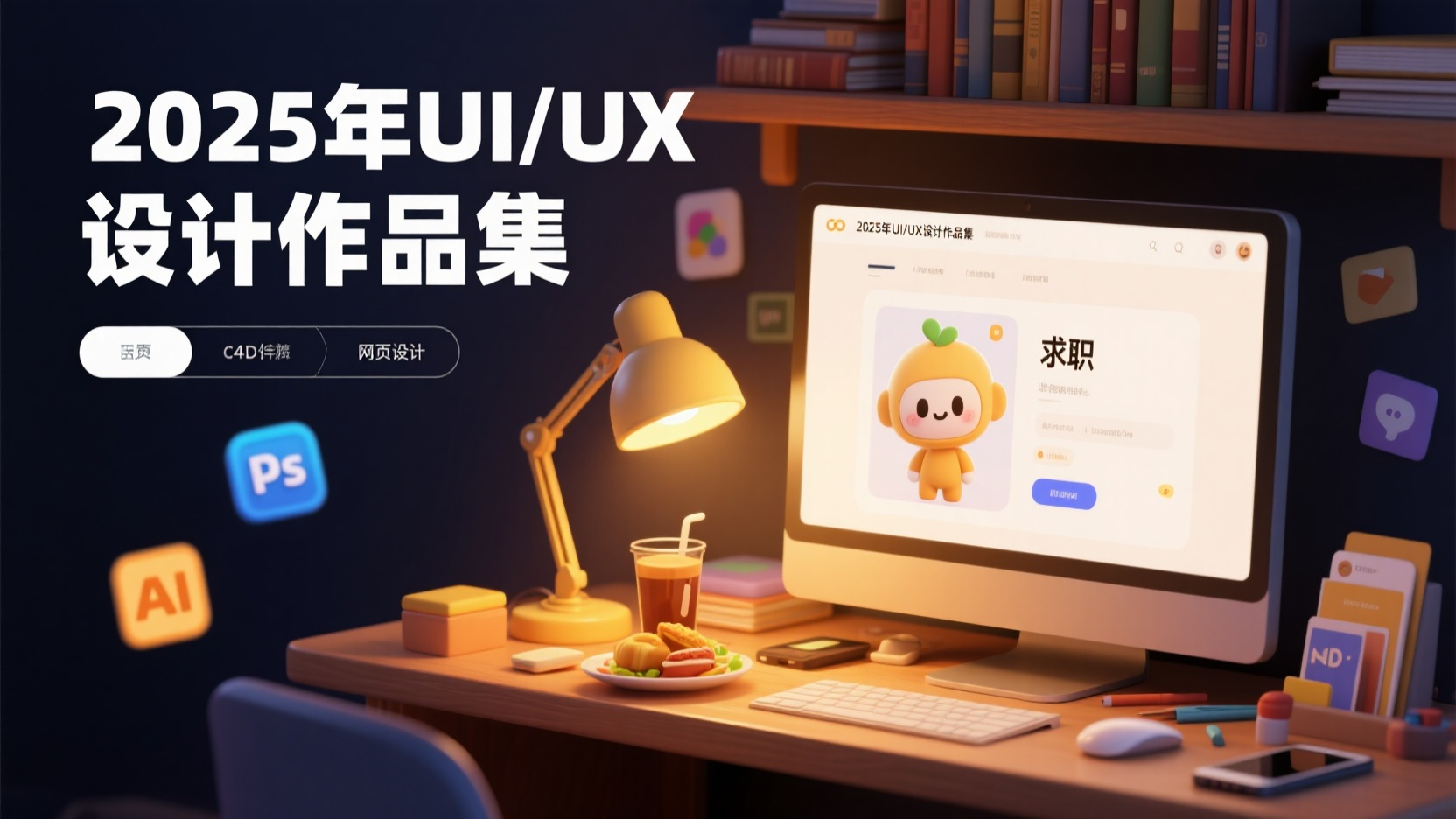 口袋作品集-作品集封面,背景是黑暗的,一盏台灯照亮了上面的物品,一束暖黄色的灯光,桌面上有饮料、食物、书架上有书籍、电脑鼠标、手机和其他设计师工具。画面左边是标题“2025年UI/UX设计作品集”大字展示,电脑屏幕是亮的,屏幕上是求职者的个人主页,主页里是一个可爱的IP形象,周围是各网页设计和UI图标,图标上写着“ps”和“AI”。可爱的卡通风格。c4d渲染,高清,正视图,圆润笔触,柔和色彩