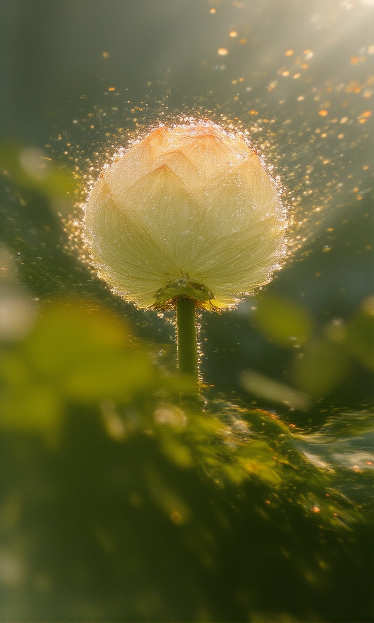 莲花风景摄影滤镜,"liangyi san, this image is a high-resolution photograph capturing the ethereal beauty of a lotus flower in close-up. The lotus stands proudly, its petals delicately edged with morning dew that sparkles like diamonds in the soft sunlight. The background is a harmonious blur, allowing the flower to take center stage, its vibrant colors and intricate textures brought to life by the interplay of light and shadow. The composition is a dance of light, with sunbeams filtering through the foliage, casting dappled patterns that highlight the lotus's serene elegance. The image evokes a sense of tranquility and purity, a testament to the lotus's cultural significance in symbolizing nobility and spiritual awakening.