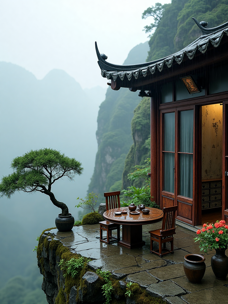 电商中国意境山居茶棚茶座茶具风景写实场景,AKmountain,A traditional Chinese courtyard house,weathered and aged,sits on a cliff edge,overlooking a vast,misty mountainous landscape washed fresh by recent rain. The air is still,holding the scent of wet earth and foliage. Outside,a classic wooden table with simple teaware and two intricately crafted chairs,now glistening with droplets,is surrounded by vibrant blooming flowers in traditional ceramics. A lone evergreen pine tree,its needles heavy with moisture,stands nearby,symbolizing longevity. The dense greenery and mossy rocks,slick with rain,enhance the organic feel of the scene,which is captured from a slightly elevated angle to emphasize the dramatic cliff and misty valley. The shallow depth of field focuses on the tea table while softly fading the background,adding depth. Subtle diffused light from a cloudy sky creates gentle shadows,highlighting the textures of the weathered wood,rugged cliff,and delicate flowers,creating a serene,photorealistic mountain-side sanctuary in the aftermath of a soft rain.,