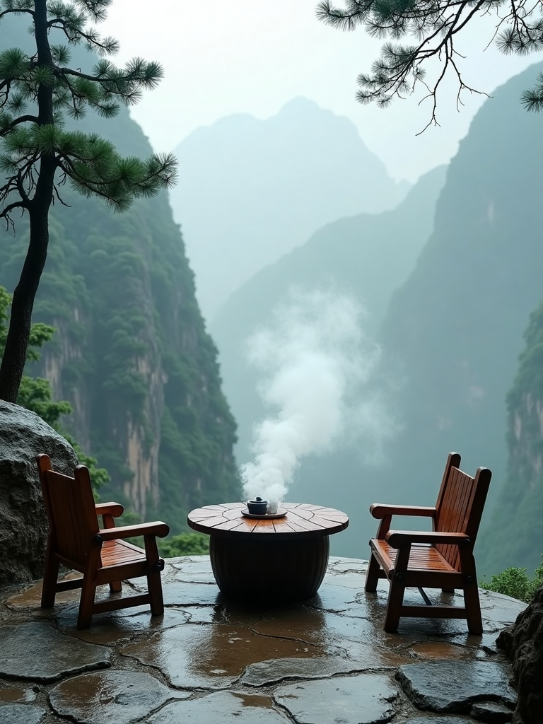 电商中国意境山居茶棚茶座茶具风景写实场景,AKmountain,A serene Chinese courtyard on a cliff's edge, where soft wisps of smoke rise from a tea table surrounded by weathered wooden furniture. The overcast sky casts a diffused glow over the scene, with rain-washed rocks and a sturdy evergreen pine adding texture. The subtle interplay of light, shadow, and rising mist creates an ethereal, almost magical atmosphere, blending seamlessly into the misty mountain backdrop. No bright colors disrupt the natural harmony, just the gentle rising of smoke and the soft, subdued tones of the landscape, evoking a tranquil, photorealistic mountain retreat that feels both timeless and serene.