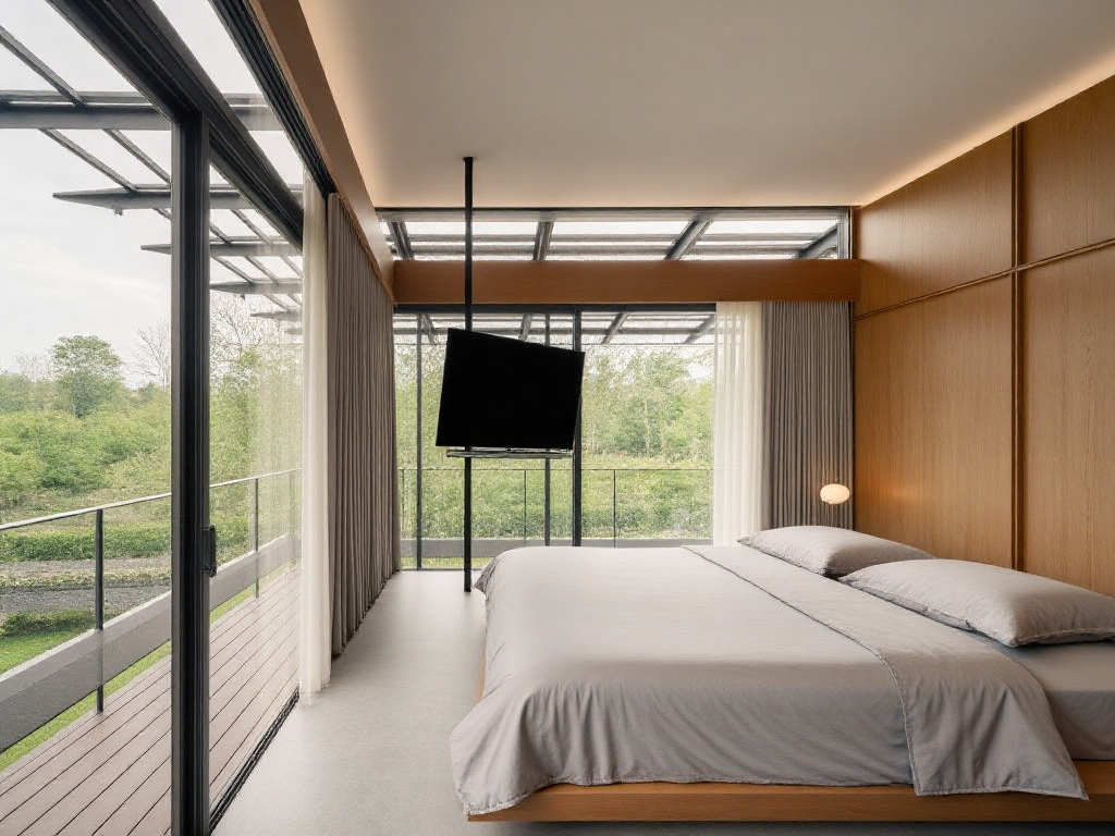 ,WD,WD,A modern bedroom with a minimalist design,featuring a large bed with light gray sheets,a wooden headboard,and a flat-screen TV mounted on a black pole. The room has large floor-to-ceiling windows with sheer curtains,offering a view of lush greenery outside. The walls are wooden,and a round bedside lamp is on the right.,