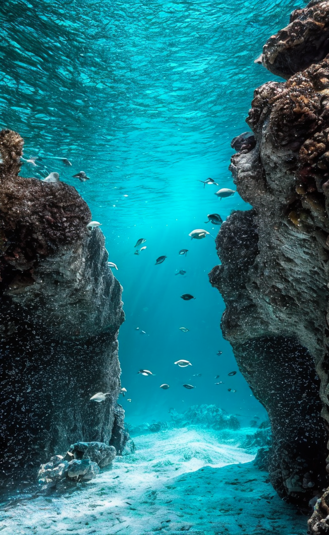 海底,丁达尔效应,无水母,,underwater,seabed,Under the sea,one side of the rock wall is smooth and clean. The seabed is made of pure fine sand,which appears light white. The seawater is clear and slightly blue. The perspective looks up to the water surface,where the sunlight is intense,creating a Tyndall effect. The underwater environment is monotonous,with a few schools of fish passing by.,