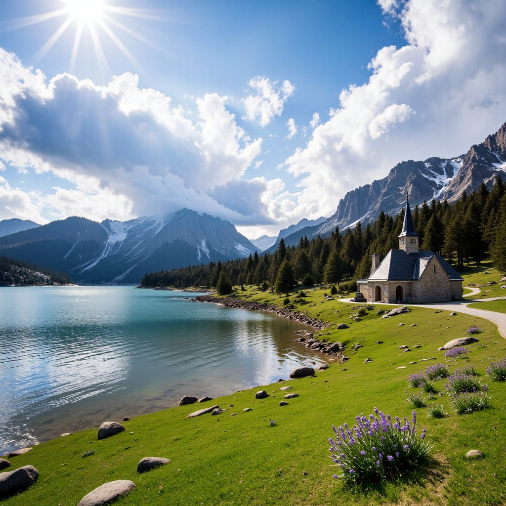 绝美风景摄影,This image primarily depicts a serene lakeside scene. The lake water appears clear blue,with a calm surface reflecting the color of the sky. Green grass grows along the lakeshore,dotted with purple flowers that add vitality to the landscape. To the right of the grassland stands a stone-built small church,its black roof contrasting sharply with the surrounding natural scenery. In the distance,rolling mountains can be seen,their peaks covered in snow,with trees and shrubs growing at the foot of the mountains. The sky is thick with clouds,yet sunlight penetrates through them,casting a serene and peaceful glow upon the lake,enhancing the tranquil atmosphere of the entire scene.,