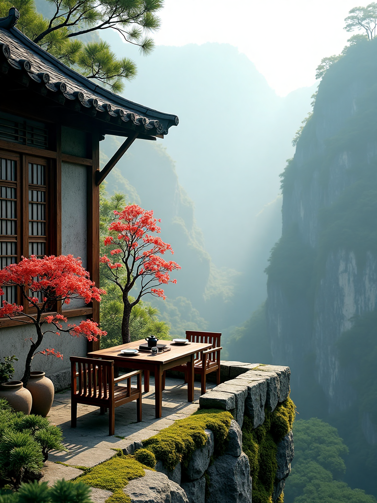 电商中国意境山居茶棚茶座茶具风景写实场景,AKmountain,A traditional Chinese courtyard house, weathered and aged, sits on a cliff edge, overlooking a vast, misty mountainous landscape illuminated by natural morning light. Outside, a classic wooden table with simple teaware and two intricately crafted chairs is surrounded by vibrant blooming flowers in traditional ceramics. A sturdy evergreen pine tree stands nearby, symbolizing longevity. The dense greenery and mossy rocks enhance the organic feel of the scene, which is captured from a slightly elevated angle to emphasize the dramatic cliff and misty valley. The shallow depth of field focuses on the tea table while softly fading the background, adding depth. Subtle morning sunlight creates gentle shadows, highlighting the textures of the weathered wood, rugged cliff, and delicate flowers, creating a serene, photorealistic mountain-side sanctuary.