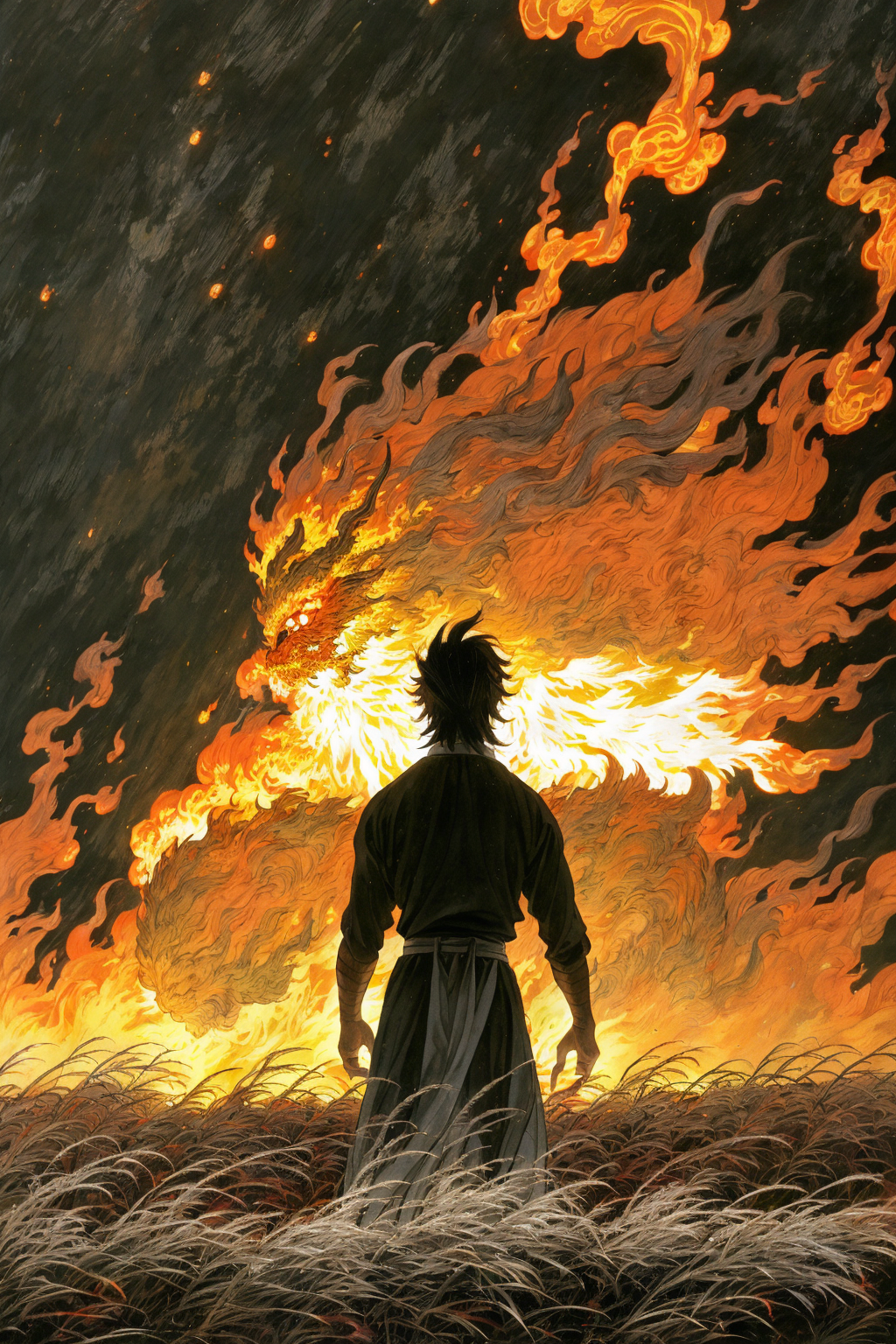 炎洲布火浣,masterpiece, best quality,evenshuimo,A young man turned his back to the audience and watched a giant flame monster floating in the air,1boy,male focus, solo, upper body,grass,scenery,outdoors,Monster personification,monster,