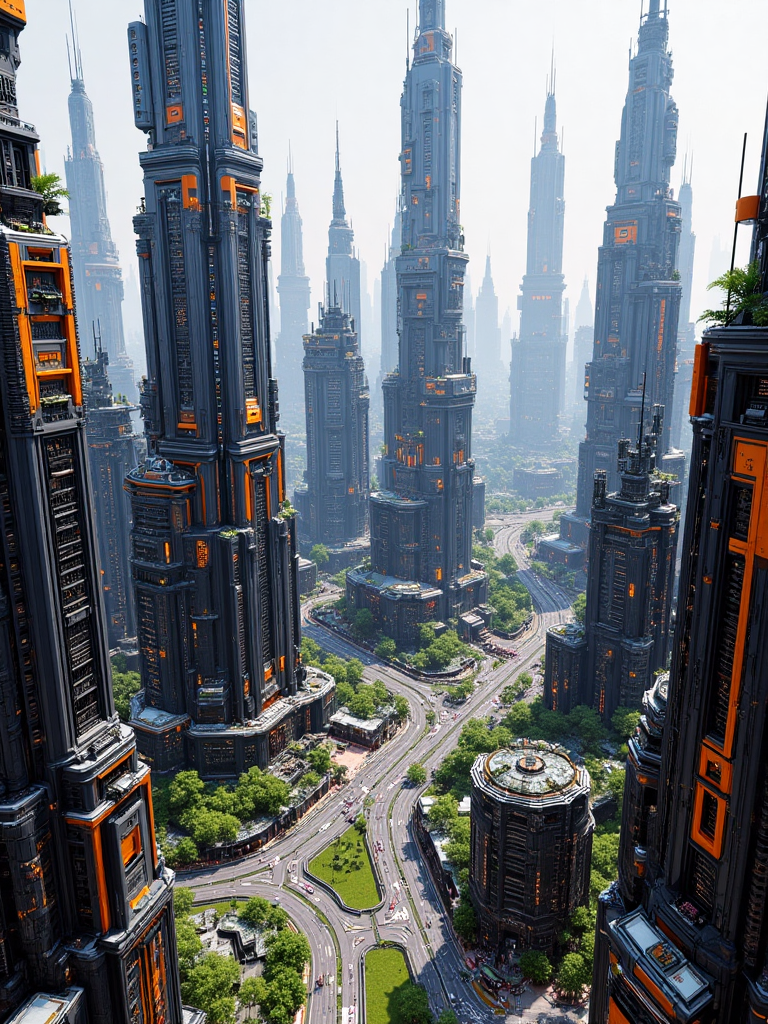 ,DJ_style,This is a futuristic cityscape. Towering skyscrapers dominate the scene, featuring a sleek design with a color scheme of dark tones and orange accents. The buildings are densely packed, and there are roads winding through them, with some greenery dotting the urban landscape. The overall atmosphere is high - tech and cyberpunk - like, giving a vision of a highly developed future metropolis.